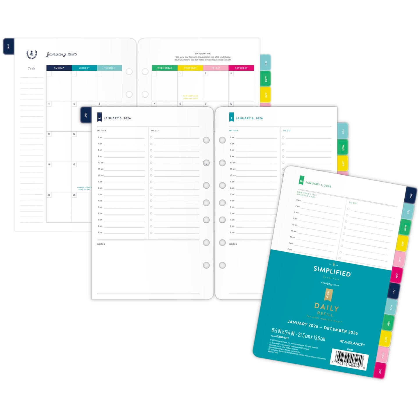 AT-A-GLANCE 2026 Planner Refill, Simplified by Emily Ley, Daily, 5.5" x 8.5", Desk Size, One Page Per Day Refill (EL100-4311-26)