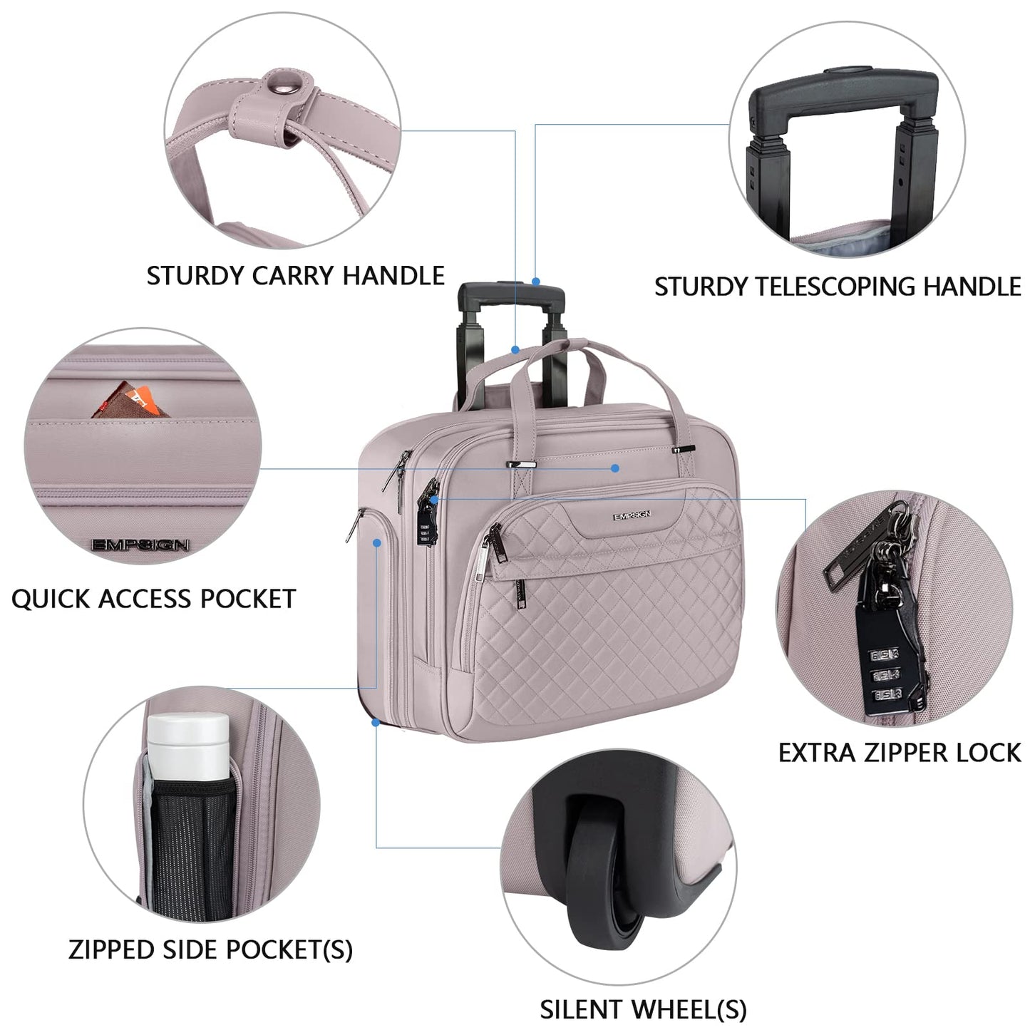 EMPSIGN Rolling Laptop Bag Women with Wheels, Briefcase for Women Fits Up to 15.6 Inch Laptop Briefcase on Wheels, Water-Repellent Overnight Rolling Computer Bag with RFID Pockets, Grey Pink