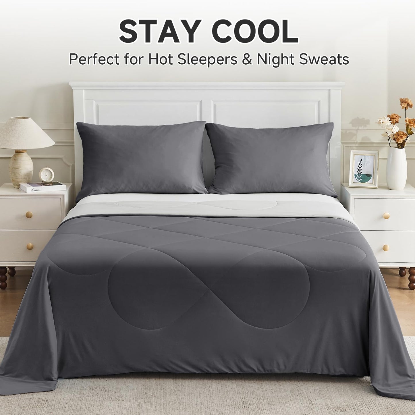 HOMFINE Cooling Comforter Twin Size, Grey Summer Cooling Blanket for Hot Sleepers and Night Sweats, Japanese Double-Sided Cold Tech Fabric Q-Max 0.45, Soft Breathable Silky Smooth Lightweight