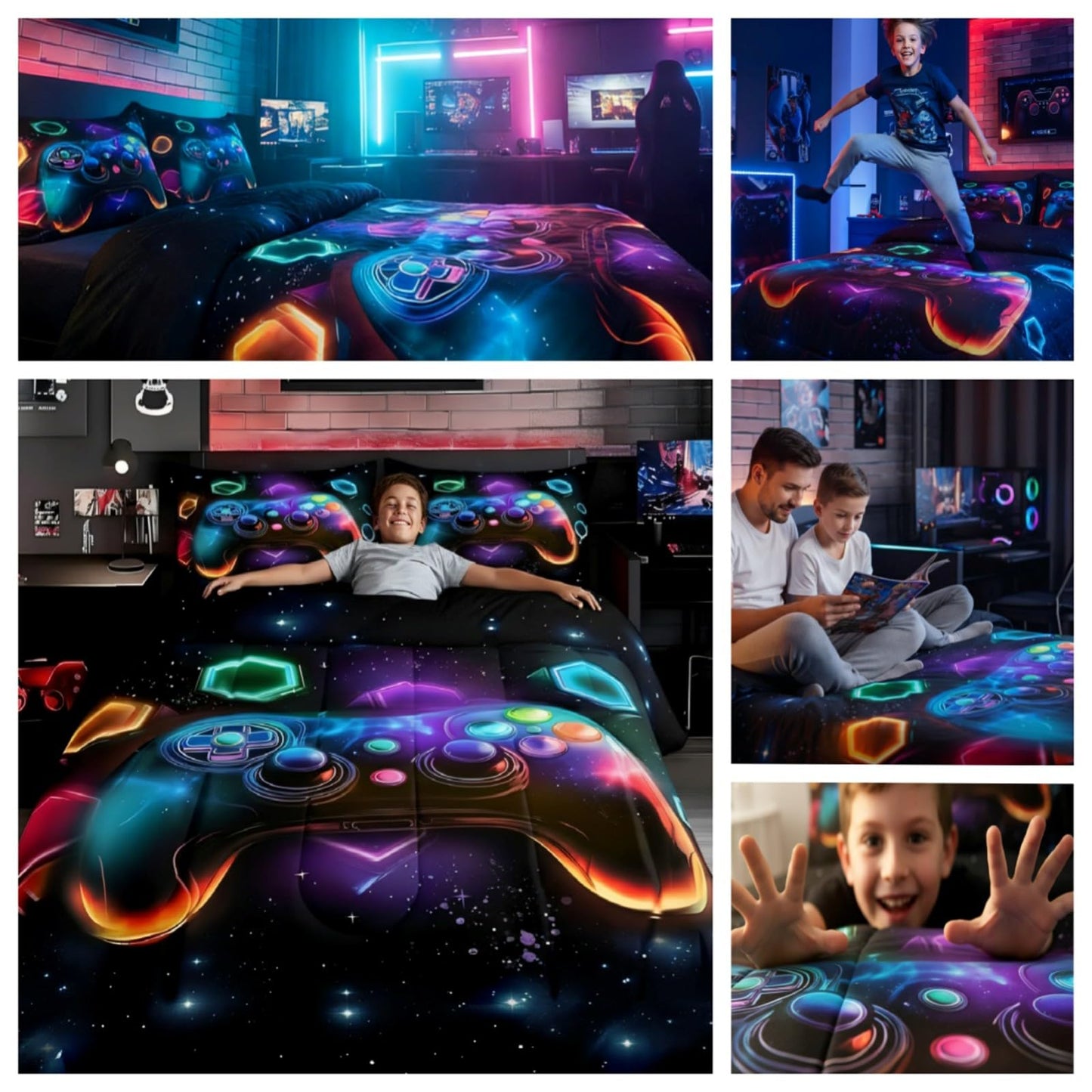 Erosebridal Game Consoles Boys Comforter Sets Twin Gamer Gifts,Gamer Twin Bedding Sets for Boys Space Glow Geometric Kids Comforter Set Red Green Blue Teal,Gaming Room Decor