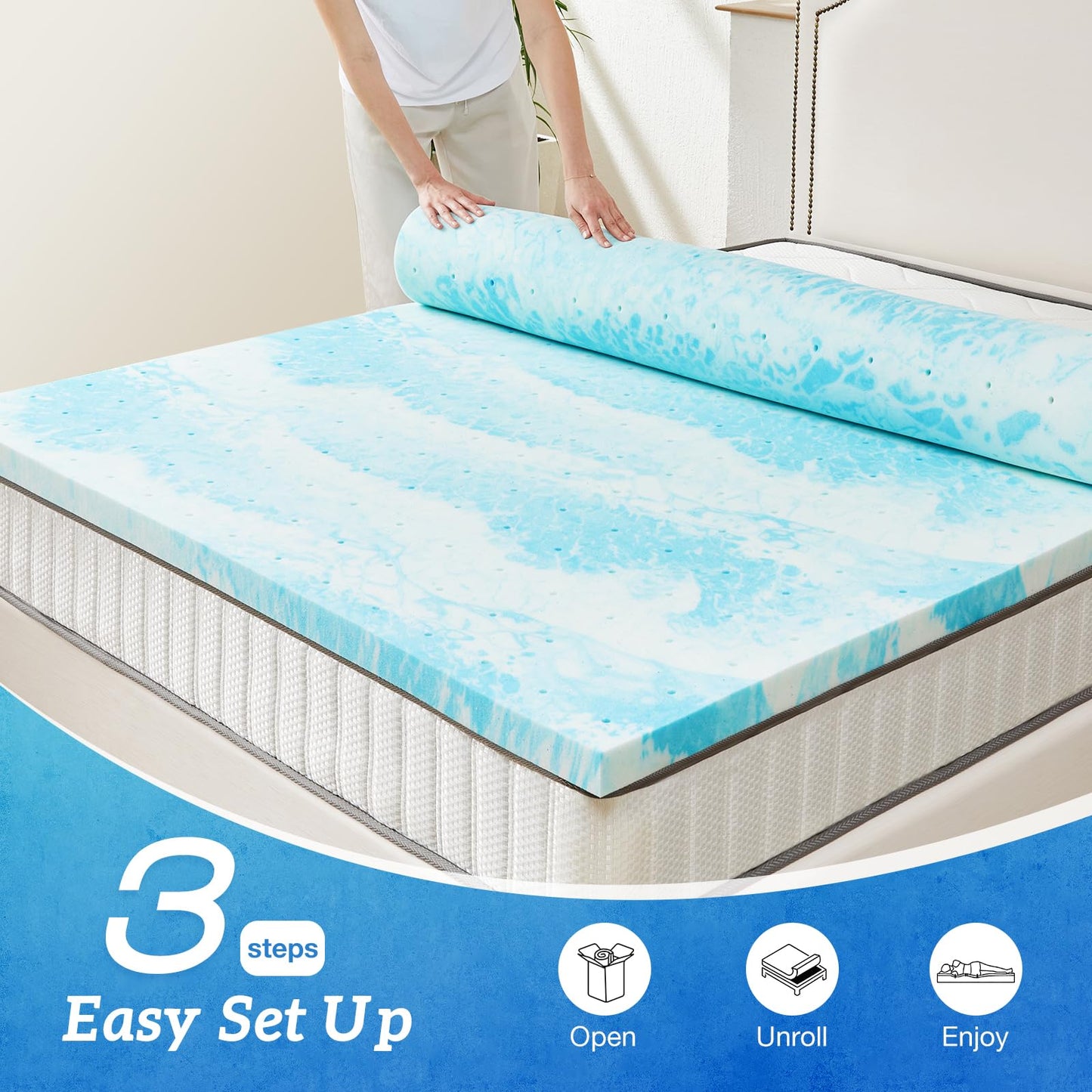 Sweetcrispy Mattress Topper Full, 4 Inch Thick Memory Foam Gel Infused Cooling Toppers Pad for Full Size Bed, Sleeper Sofa, RV, Camper, CertiPUR US Certified, Ventilated and Breathable, Blue