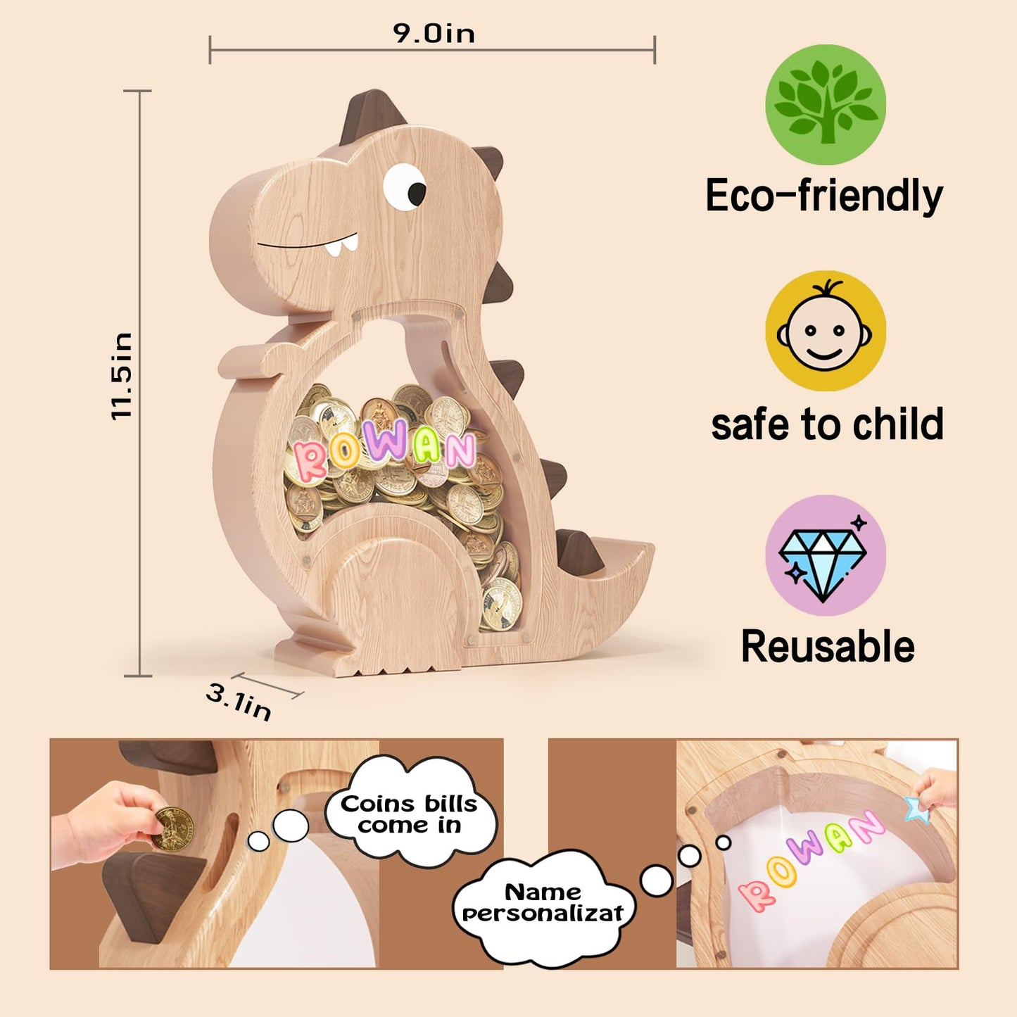 Kibelly Wooden Dinosaur Piggy Bank,Cute Money Bank for Boys and Girls, Unbreakable Wood Coin Bank, Creative Saving Money Jar Personalized Present for Child Birthday & Decor