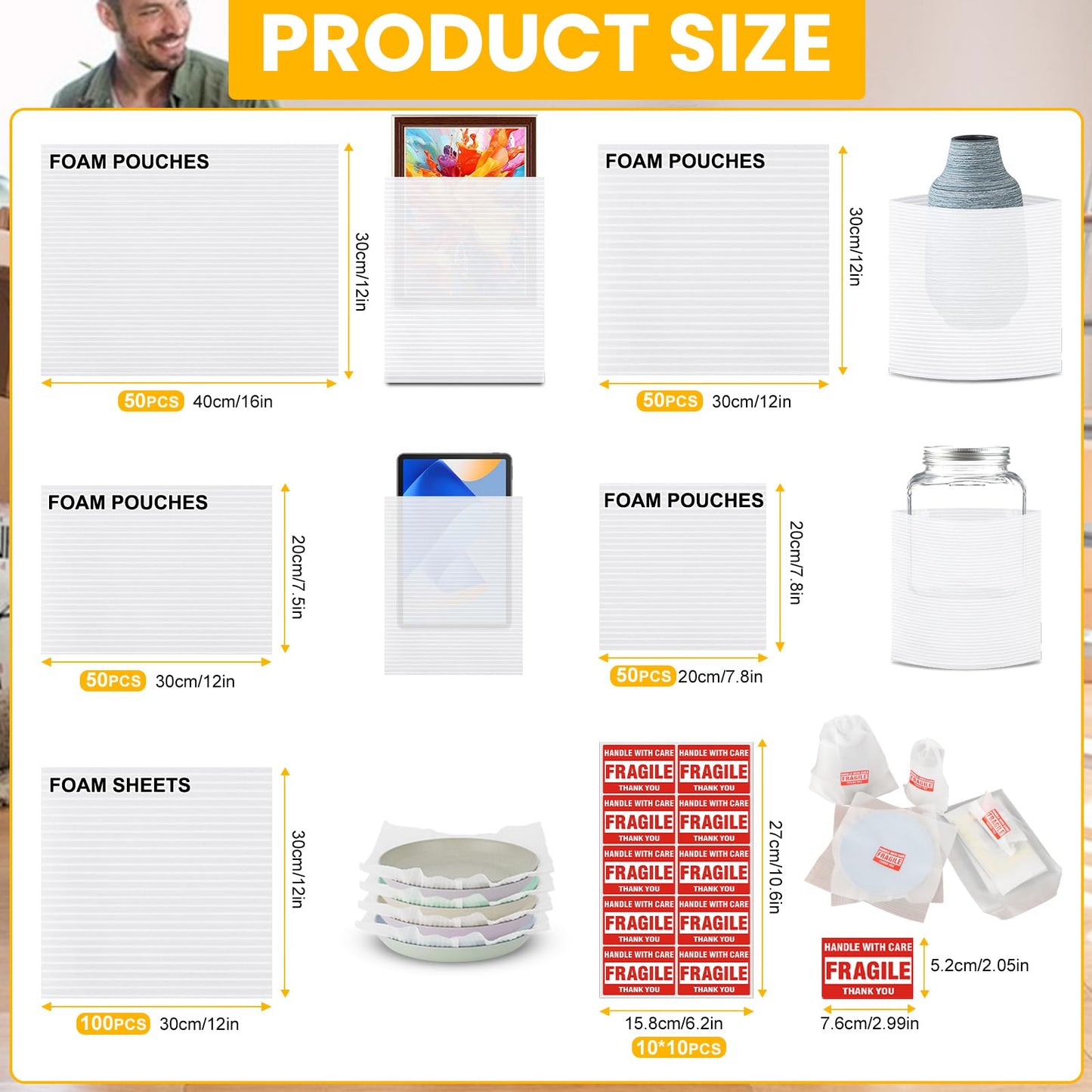 400PCS Dish Packing Supplies for Moving,300 Cushioning Foam Pouches and Sheets,4 Sizes(16"x12",12"x12",12"x7.8",7.8"x7.8") with 100 Fragile Stickers,Packaging Foam for Protect Dishes Glasses Storage