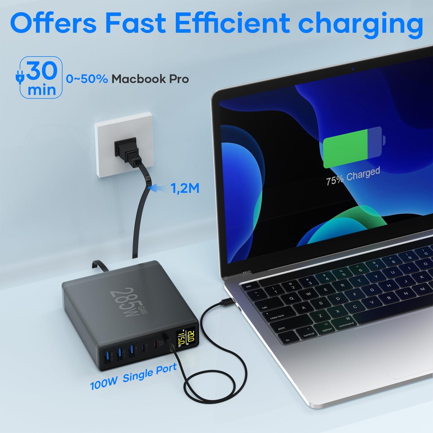 285W USB C Charger Block, YSYFAD 6 Ports Multiple USB Charging Station with Digital LCD Dispaly GaN Fast 100W USB C Charger for MacBook Laptops Multiport USB Charger for i Pad i Phone Samsung, Black