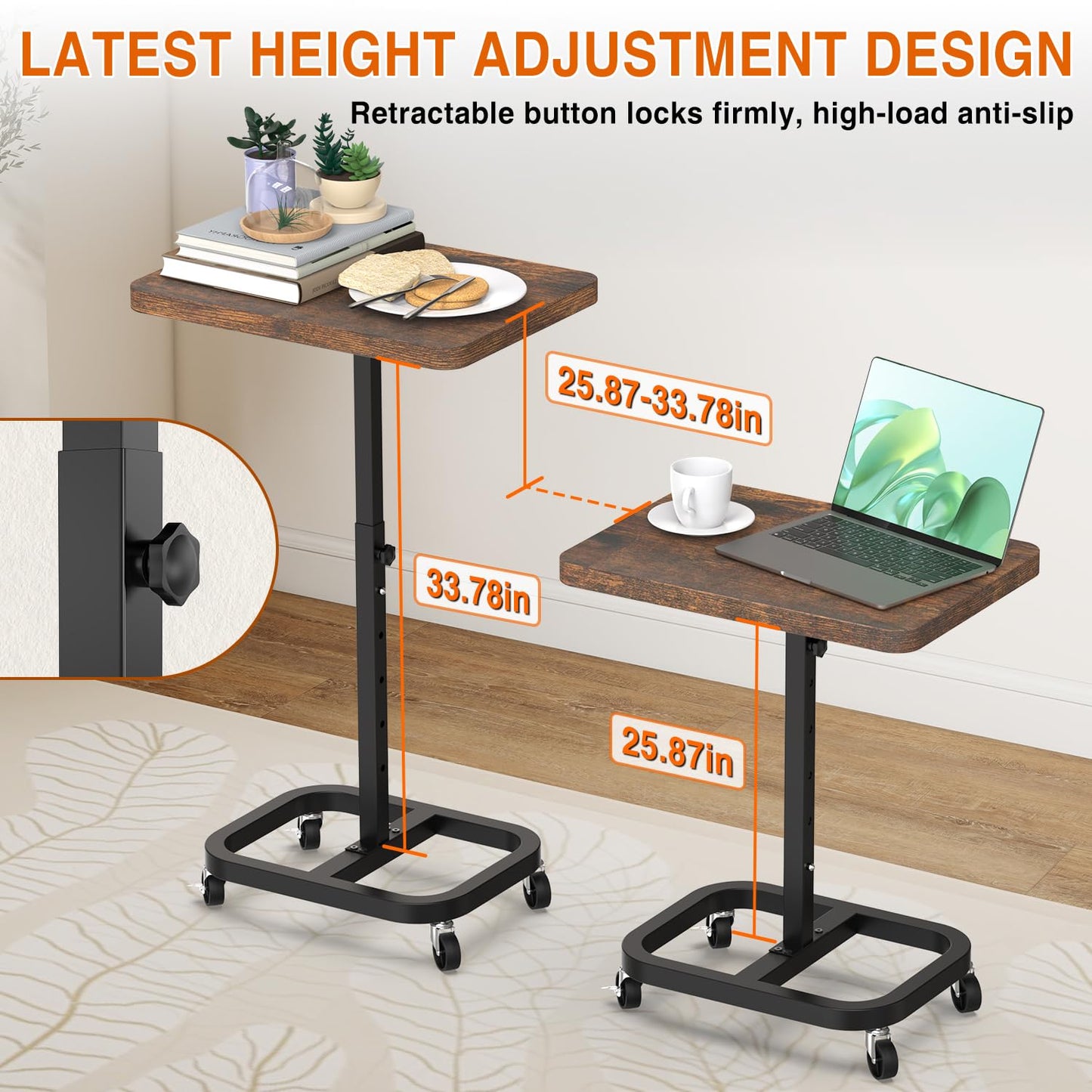 alentar Adjustable Height Mobile TV Tray Table with Wheels, Portable Rolling Desk, and Laptop Table for Eating on Couch or Sofa, Featuring Upgraded Alloy Steel Support and a Sturdy Quadrilateral Base