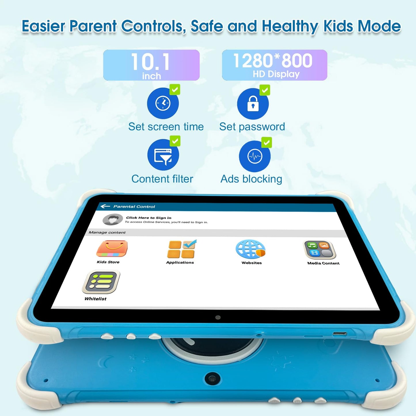 Kids Tablet 10 Inch,Tablet for Kids Android 14,3GB+64GB,8-Core CPU,2.4/5G WiFi WiFi 6,12H Battery Life,Parental Control,1280x800 HD Display,Dual Cameras,Shockproof Case,Pre-Installed Educational Apps