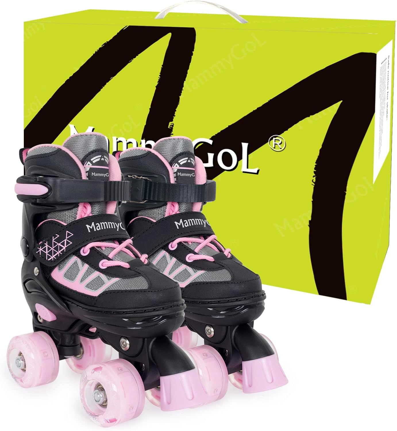 MammyGol Roller Skates for Kids Boys Girls, Adjustable Quad Skates with Light Up Wheels for Toddler Big Kids Ages 6-12 Size 3 4 5 6, Beginners Outdoor Sports, Pink