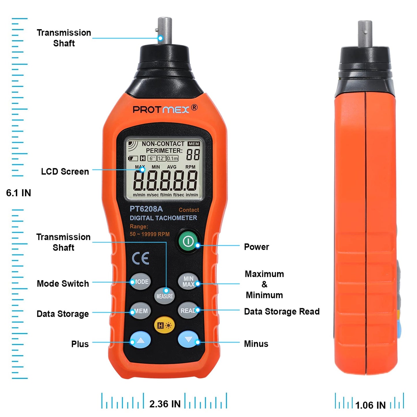 Protmex PT6208A Digital Contact Tachometer, Contact Measurement Speed Tach Meter, 50-19999RPM Speed Meter, Contact Tach RPM Meter with 100 Groups Data Logging, Data Hold, Max/Min/AVG, Backlight