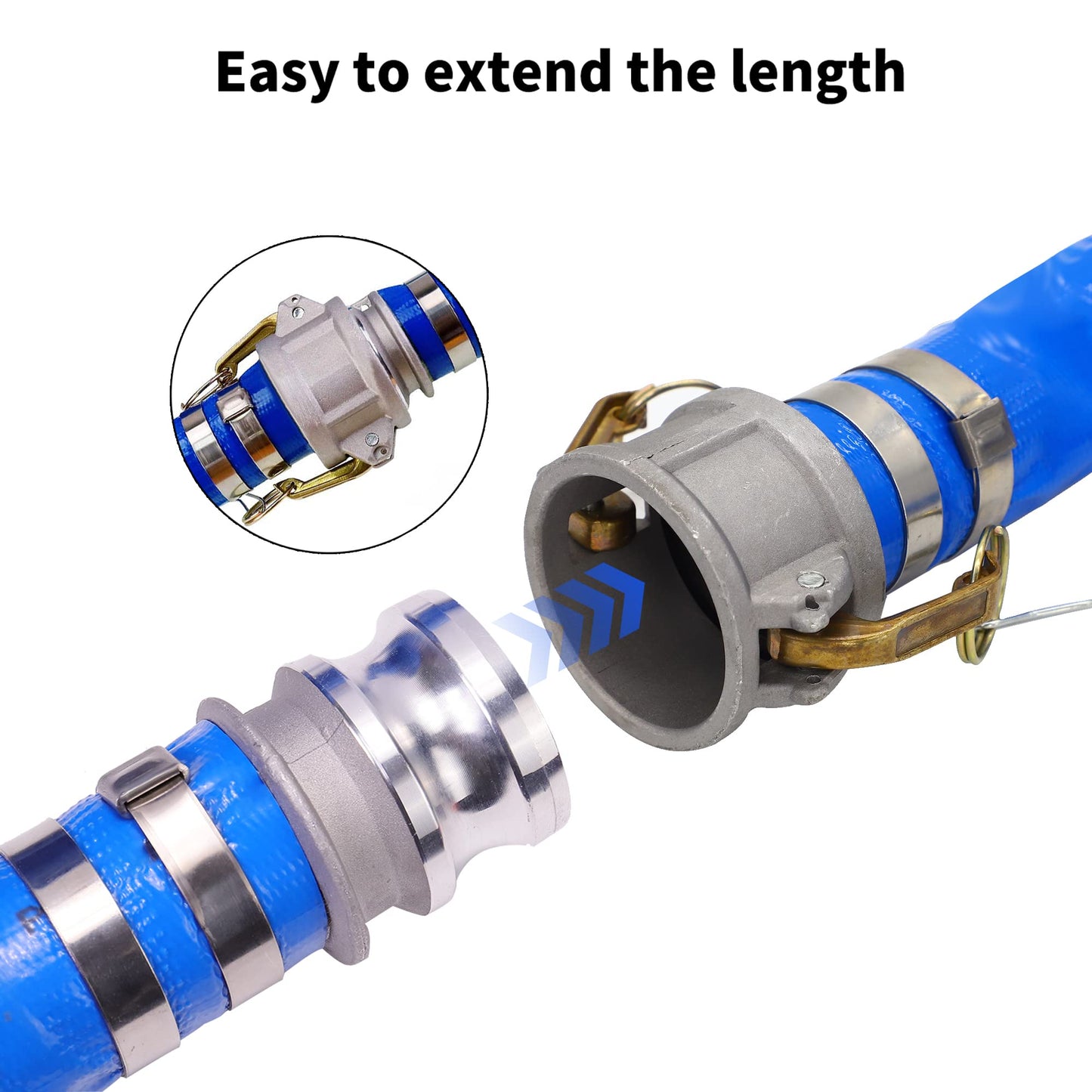 2" x 50ft PVC Lay Flat Discharge Hose With Aluminum Camlock C & E Fittings, Cam Lock Fitting Type A included, Heavy Duty Reinforced Pump Backwash Hose Assembly