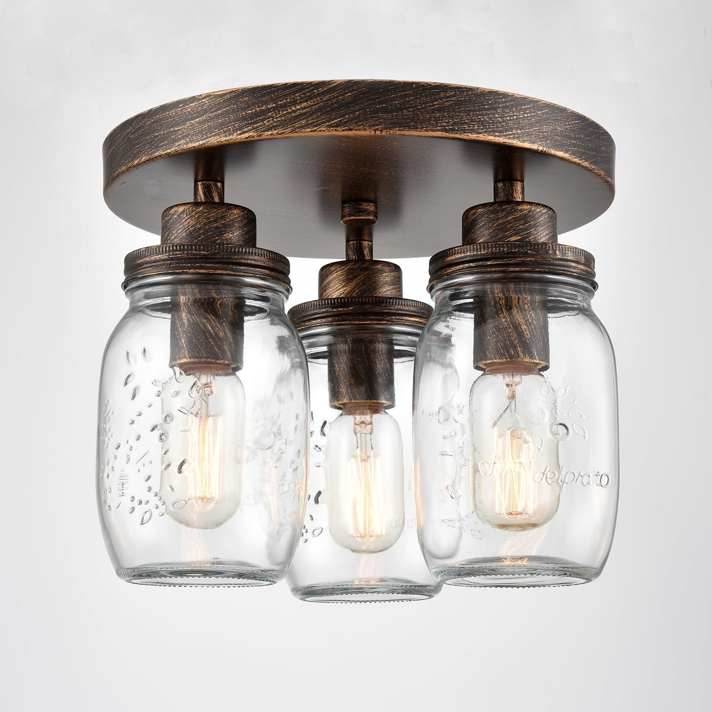 CLAXY Mason Jar Ceiling Light 3-Light Farmhouse Flush Mount Ceiling Light Fixture for Kitchen Bedroom Dining Room Black with Brushed Brass
