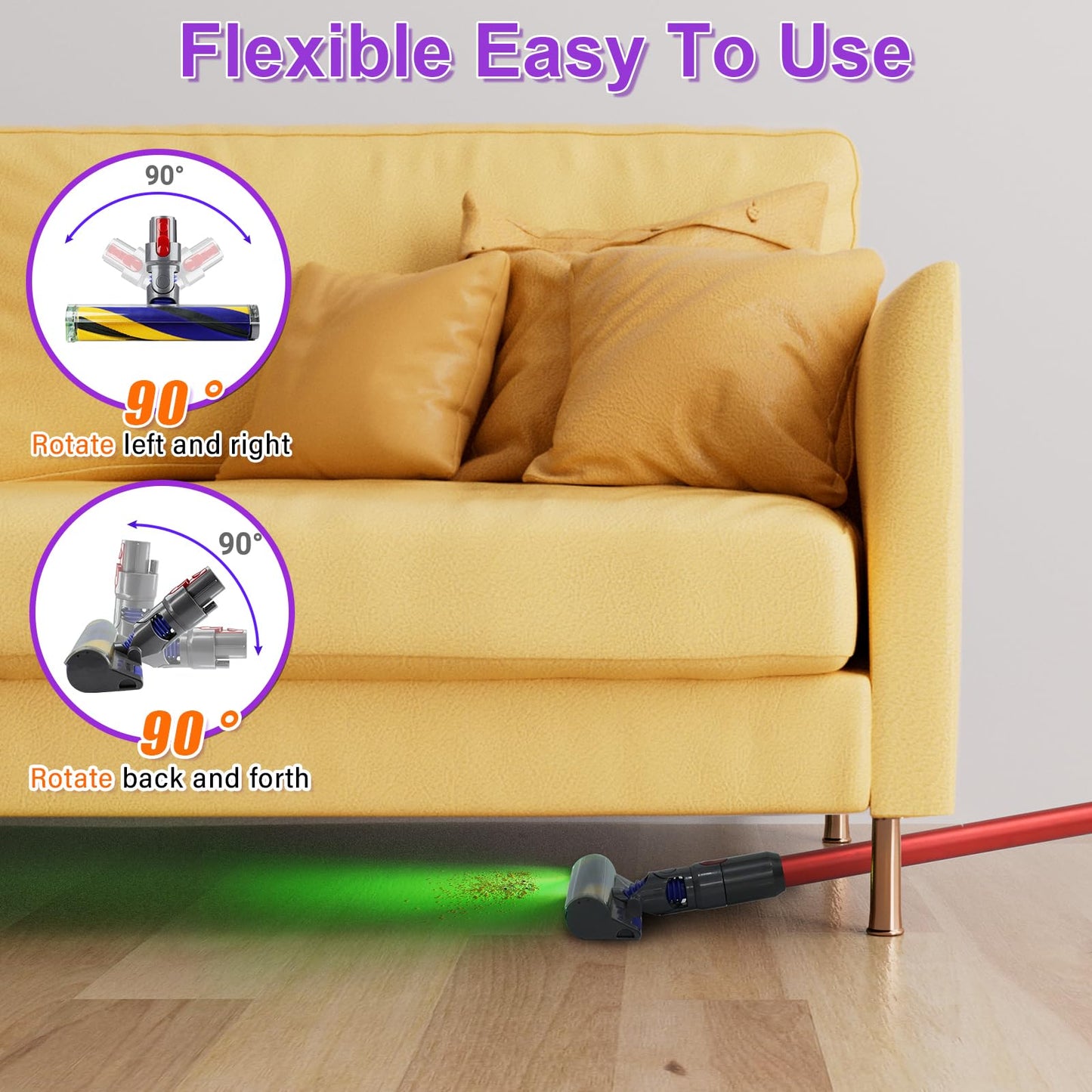Lemige LED Fluffy Soft Cleaner Head Replacement for Dyson Vacuum V7 V8 V11 Animal V15 Detect V10 Cyclone, Upgrade LED Green Light Anti-Tangle Quick Release Vacuum Attachments Replacement Parts