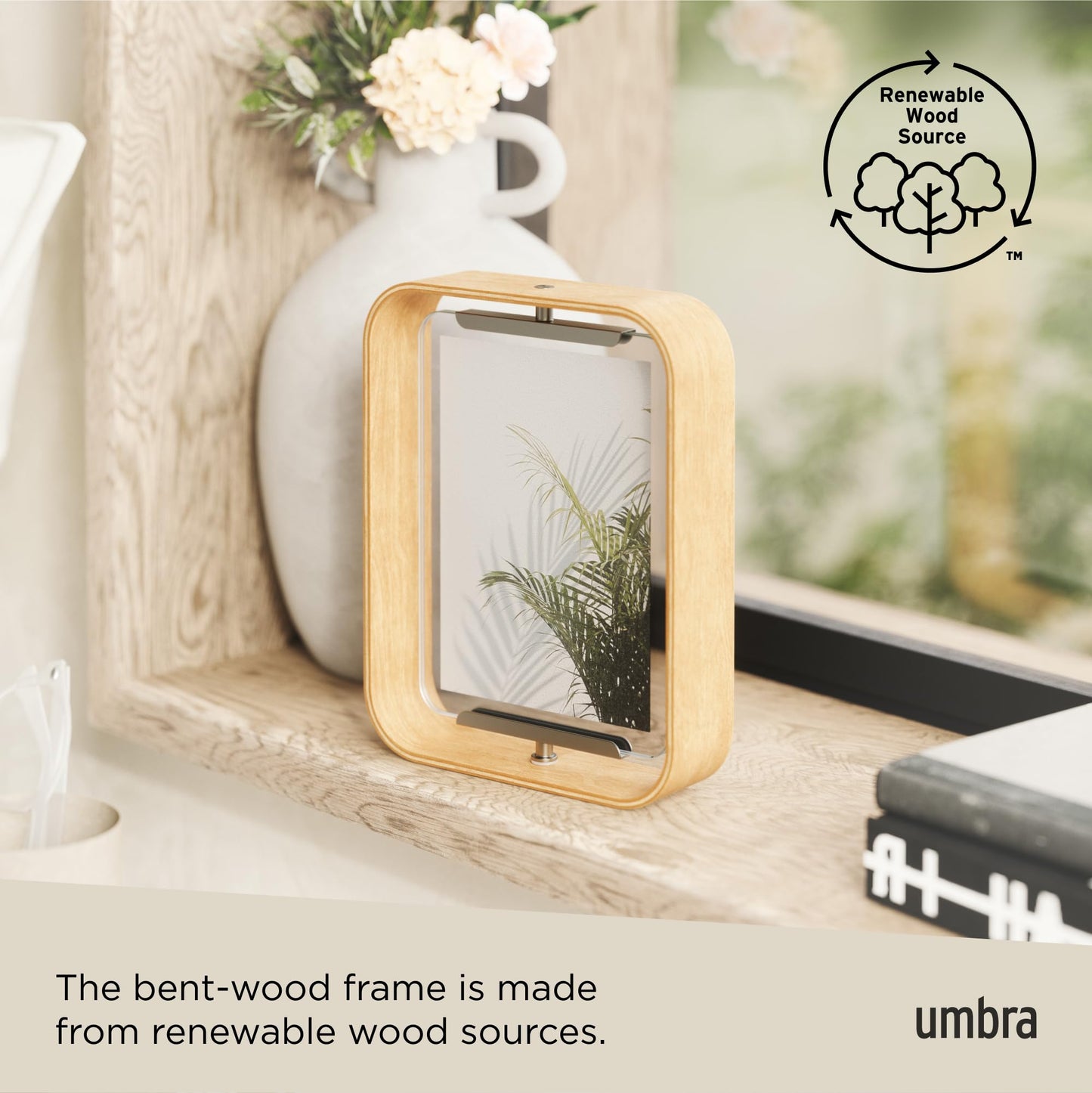 Umbra Bellwood 5x7 Desk Picture Frame with Bent Wood Trim and Two-Sided Rotating Display, Natural