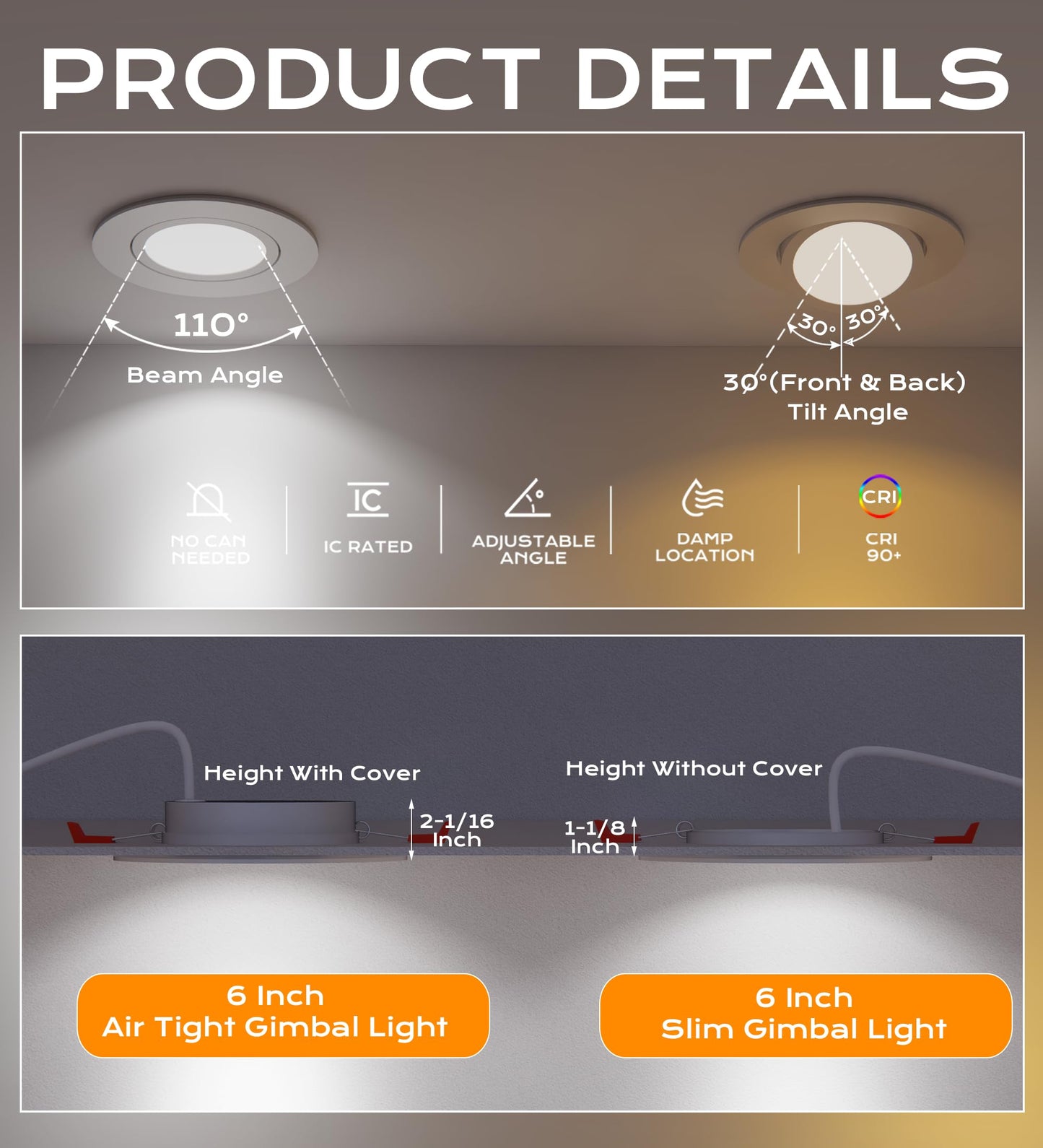 CLOUDY BAY 15W 6 inch 5 Color Swivel LED Gimbal Recessed Light with Junction Box, IC Rated Air Tight Flicker Free,120V CRI90+, 2700K/3000K/3500K/4000K/5000K Temperature Selectable,White, Pack of 4