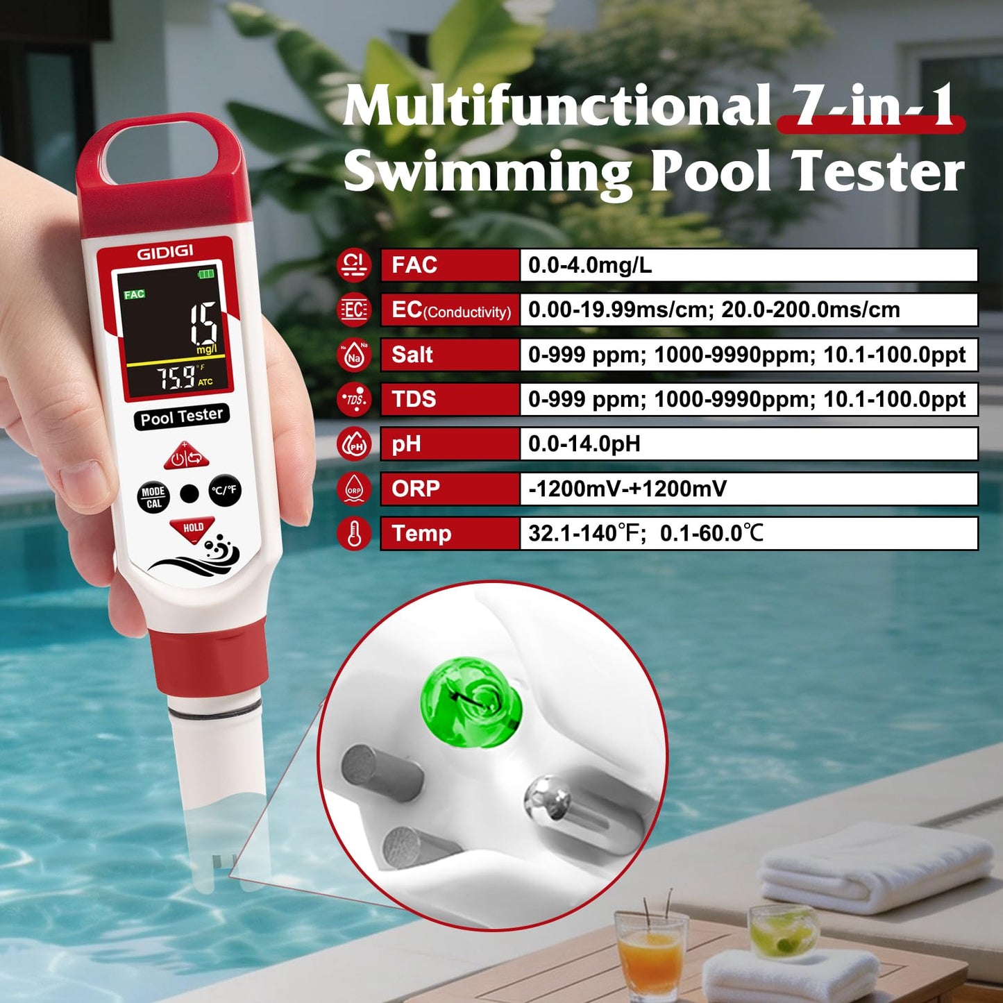 GIDIGI pH Chlorine Meter Digital 7 in 1, Pool ORP Salinity Meter Test pH CL Salt ORP EC TDS Temp, for Pools Aquariums Hydroponics Drinking Water Hot Tubs, Water Test Kit, with Calibration Solution