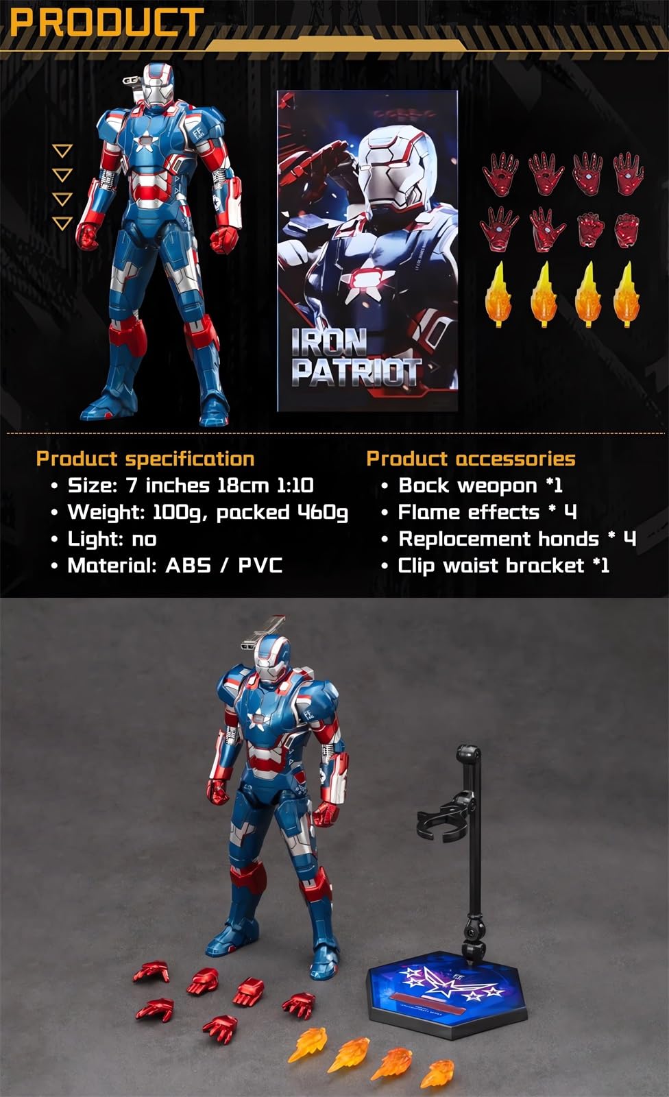 BANOBI 7 Inch Ironpatriot Action Figure (1/10 Scale) with Lots of Accessories,Exquisite Painting Collectible Toy