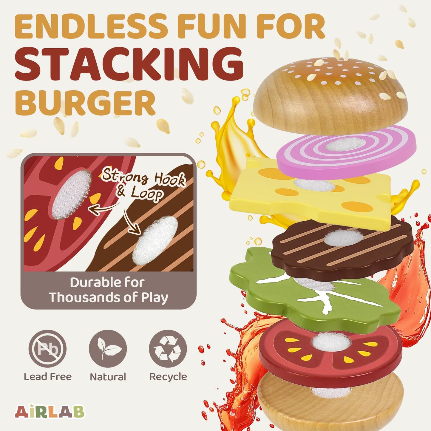 Airlab Wooden Play Food for Toddlers Pretend Play Sets 3-5 Year Old Food Toy Kitchen Accessories Birthday Gift for 3 Year Old Girl Boy 2-4 Age 4 5 6 Wood Educational Toys