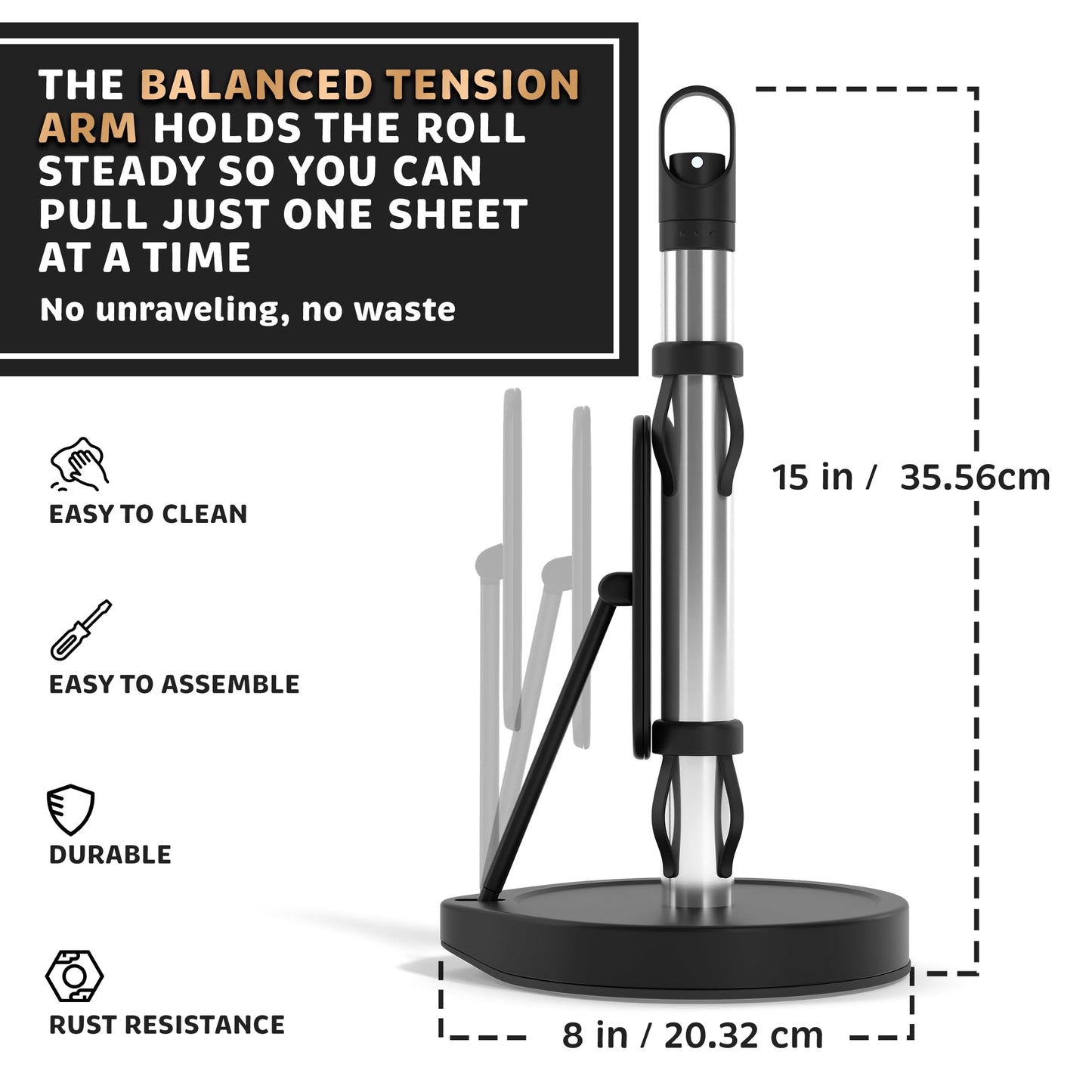 Stainless Steel Paper Towel Holder with Tension Arm and Spray Pump – One-Handed Tear, Smart Traction System, Heavy Duty Suction Cups, Weighted Base, Kitchen Towel Dispenser for Countertop Use (Black)