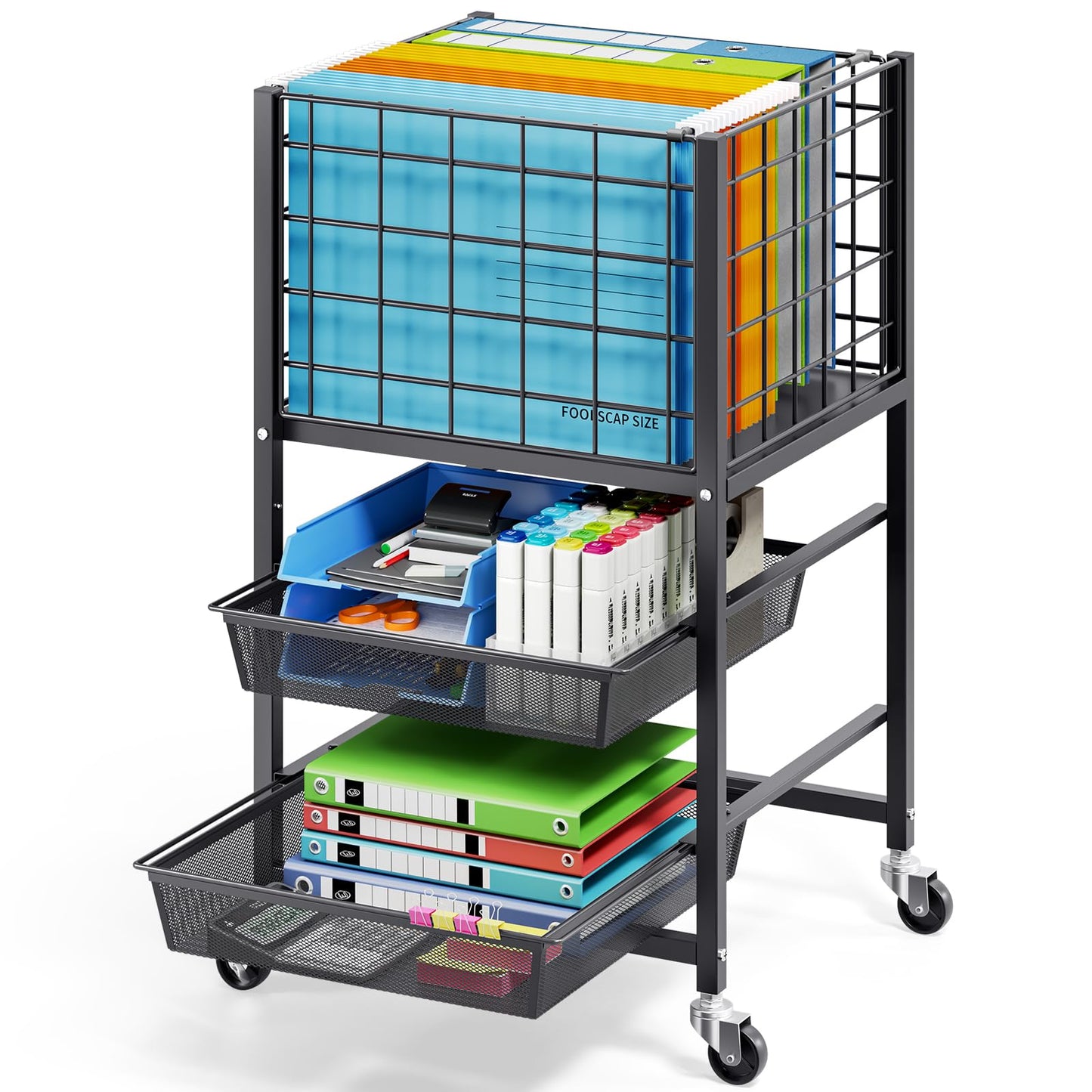 TOOLF Rolling File Cart, 3-Tier Metal File Cabinet with Wheel, Filing Cabinet with 2 Sliding File Trays, Adjustable Hanging File Folder Organizer for Office, Home, Classroom Black