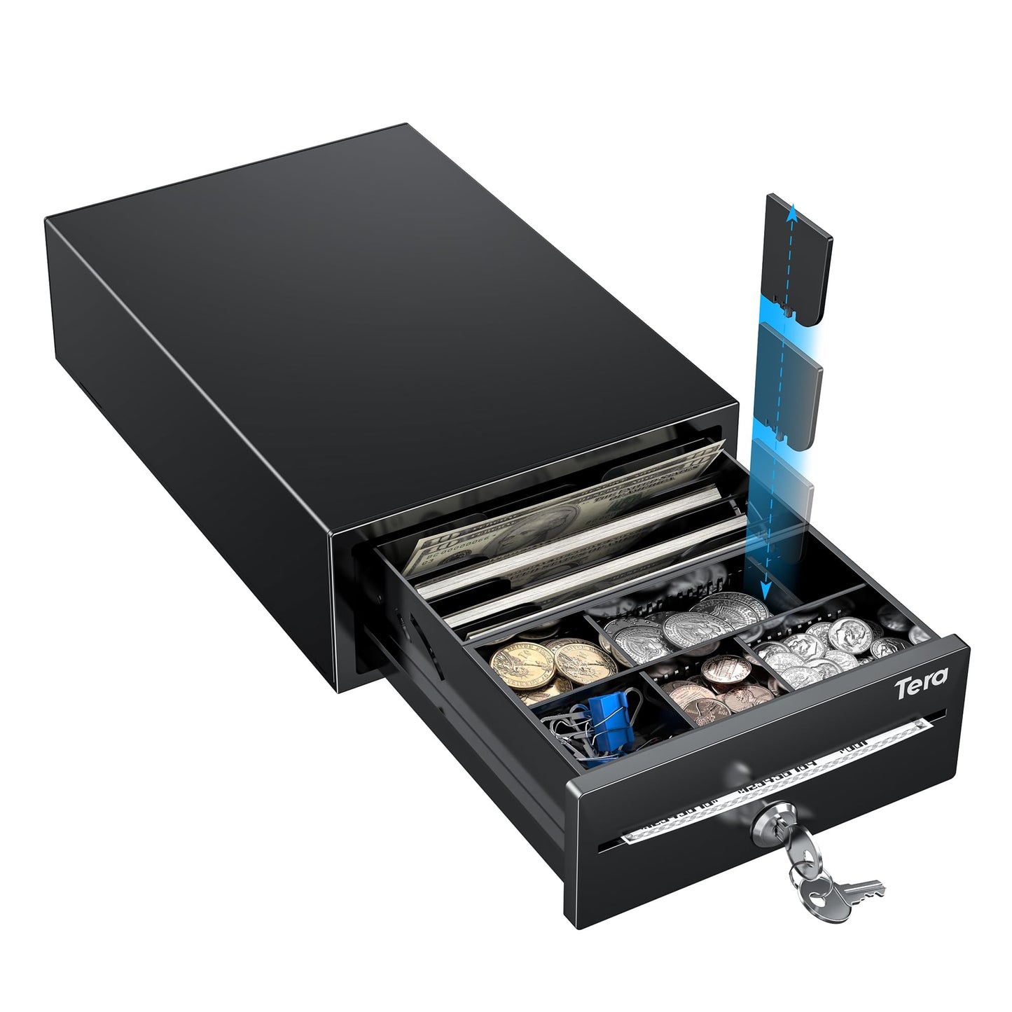 Tera Cash Register Drawer 8" Mini: 4 Bill 6 Coin Small Cash Drawer Auto Open with Media Slot 24V RJ12 Cable for POS System Key-Lock Removable Coin Separators for Small Business Retail Counter 208