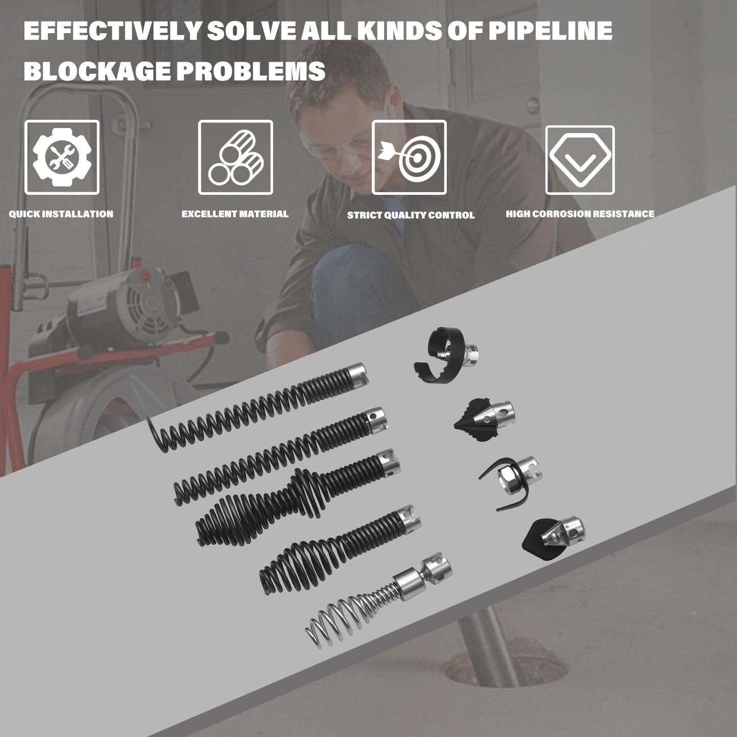 10-Piece Drain Cleaning Kit, Drain Cable Cutter Kit for 5/8"" (16mm) Port Heavy-Duty Cables; Compatible with K-400, C-4, C-6, C-7, C-8, and C-9 Models.
