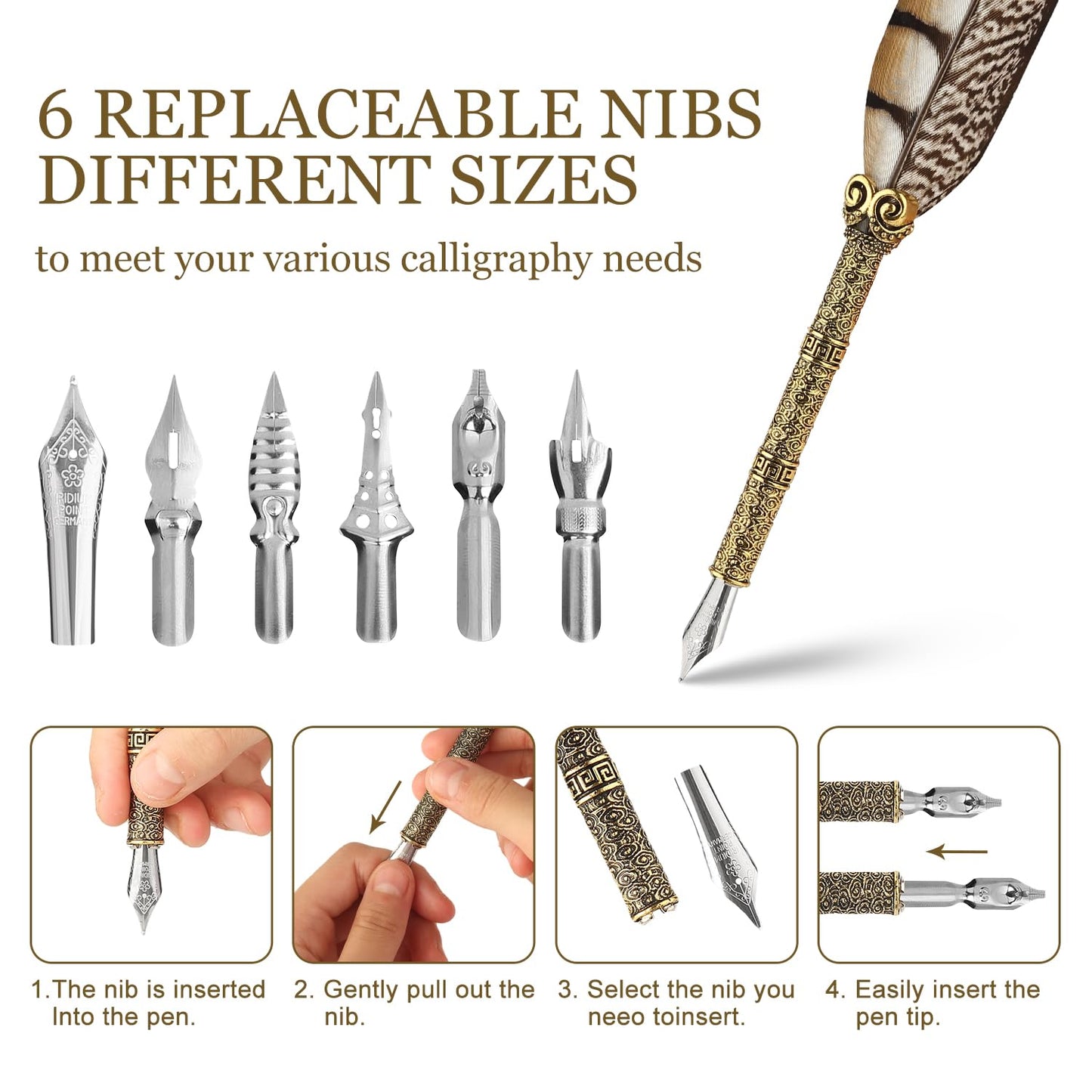 GC QUILL Calligraphy Pen Set - Feather Dip Pen,Dual Tip Calligraphy Fountain Pen, Stamp, Wax Candle, Pen Base, Ink Bottle, Ink Cartridges L1492