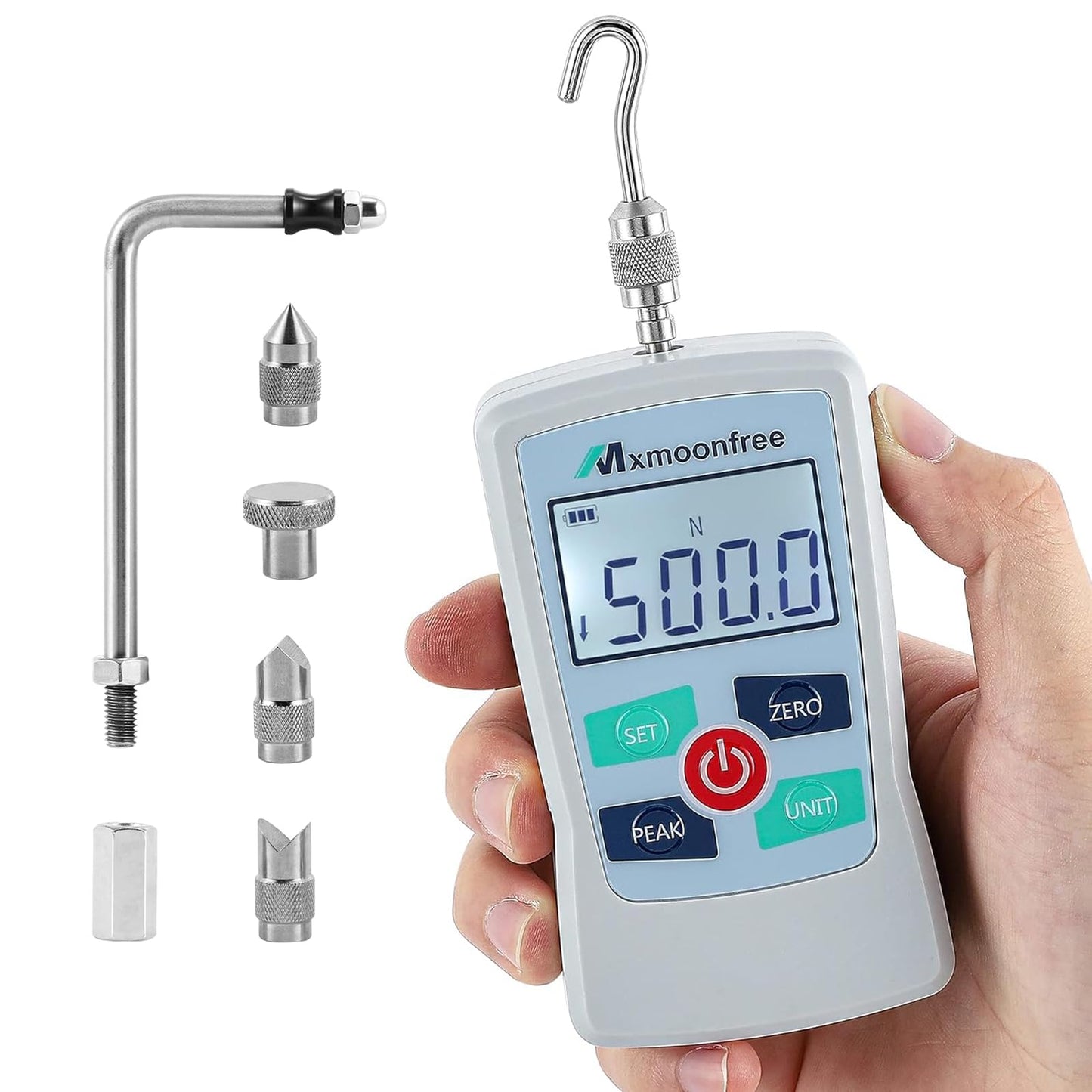 Mxmoonfree 500N Digital Force Gauge Push Pull Gauge Portable Force Meter with Units N/LB/Kg/Oz, Storage Case, Auto Backlit LCD, Auto Power-Off for Teaching School Lab Mechanical Physics (ZMF-500N)