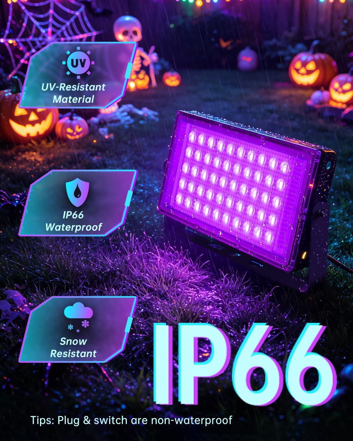 50W Black Lights with Switch+Plug, IP66 Waterproof, LED Blacklight Flood Light for Glow Party, Halloween, Bedroom, Fluorescent Poster, Body Paint, 4 Pack