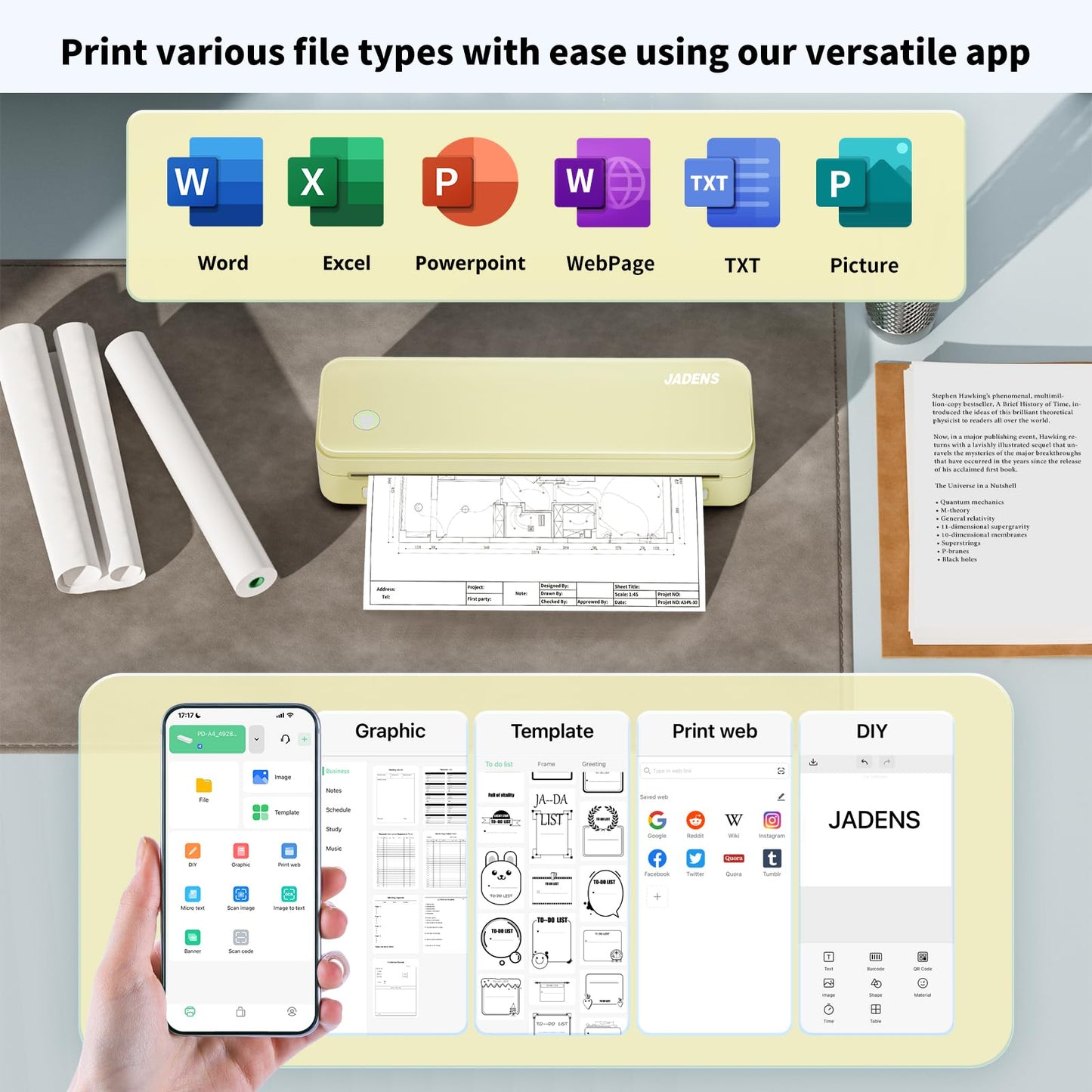 JADENS Portable Printers Wireless for Travel, Thermal Inkless Printer, Support 8.5" X 11" Thermal Paper(Yellow)