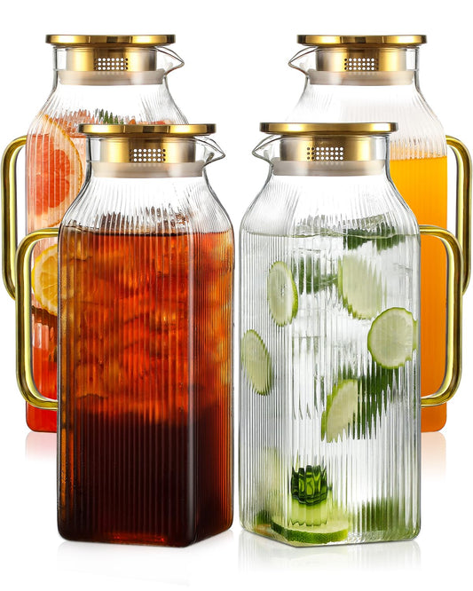 4 Pack 2 Liter/68 oz Square Glass Pitcher with Lid, Classic Stripes Water Pitchers with Handle for Fridge, Large Jug for Iced Tea, Coffee, Borosilicate Glass Carafe for Hot/Cold Brew Drink, Gold