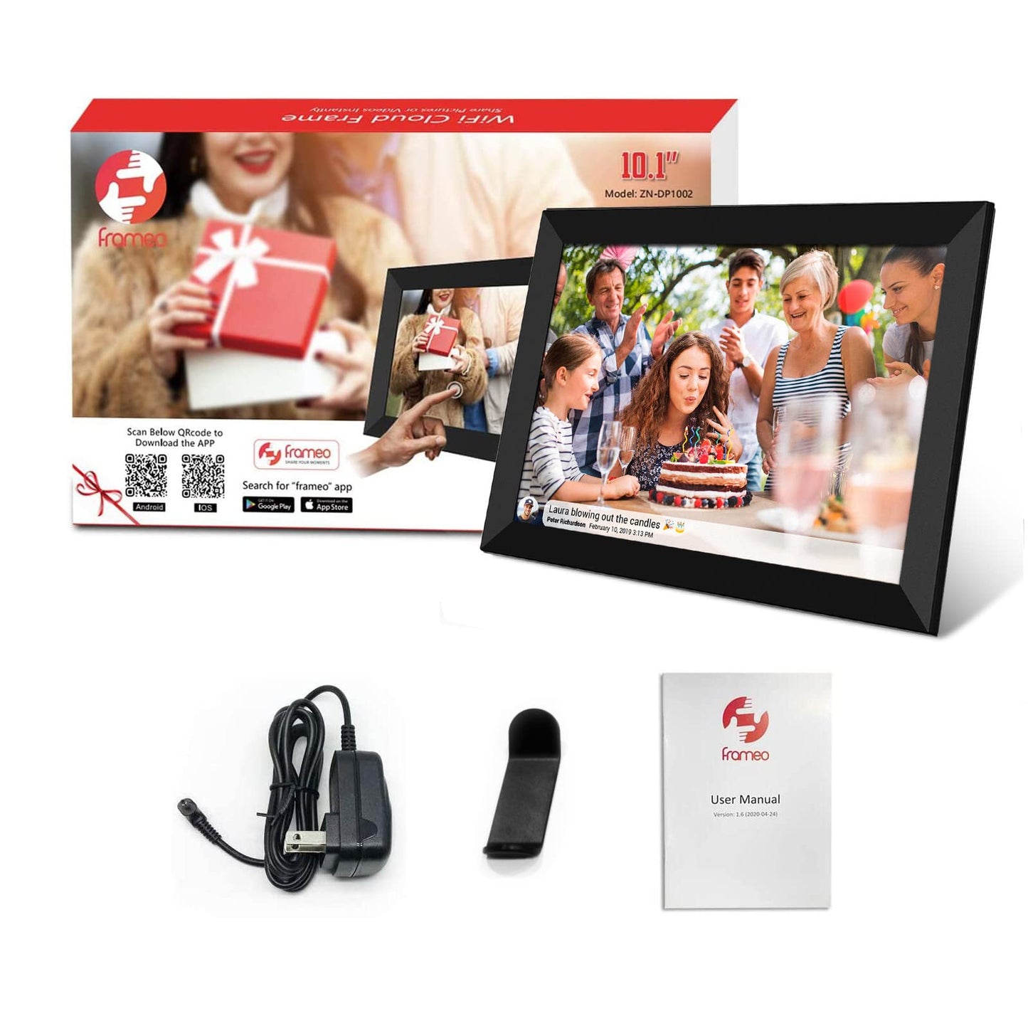 32GB FRAMEO 10.1 inch WiFi Digital Picture Frame 1280x800 HD IPS Touch Screen Smart Cloud Photo Frame, Auto-Rotate, Wall Mountable, Easy Setup to Share Photos or Videos via Frameo
