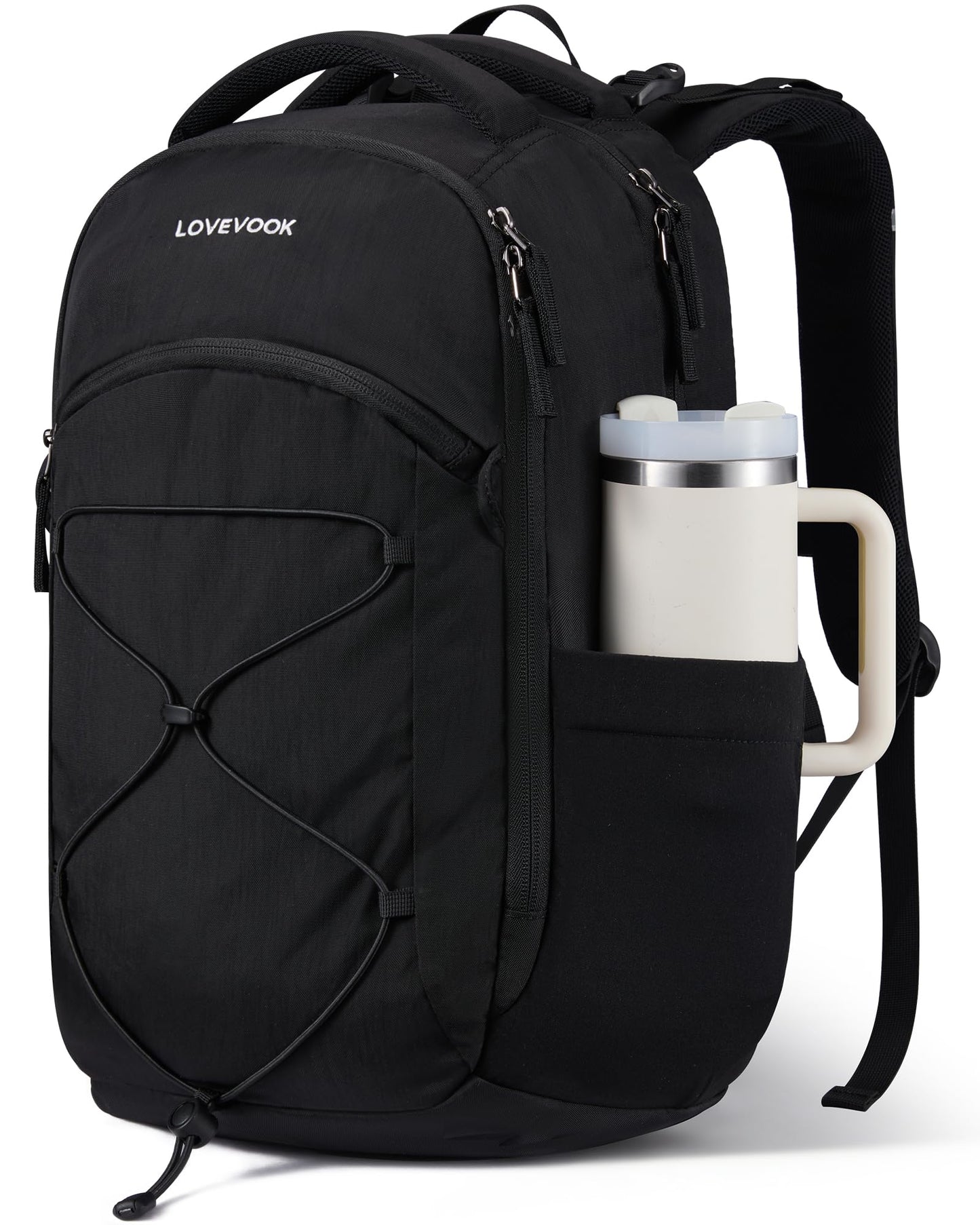 LOVEVOOK Everyday Laptop Backpack for Women & Men With Giant Tumbler Holder,15.6 Inch Classic Travel Work College Teacher Carry on Backpack Purse,Waterproof Computer laptop Bag Hiking Backpack,Black