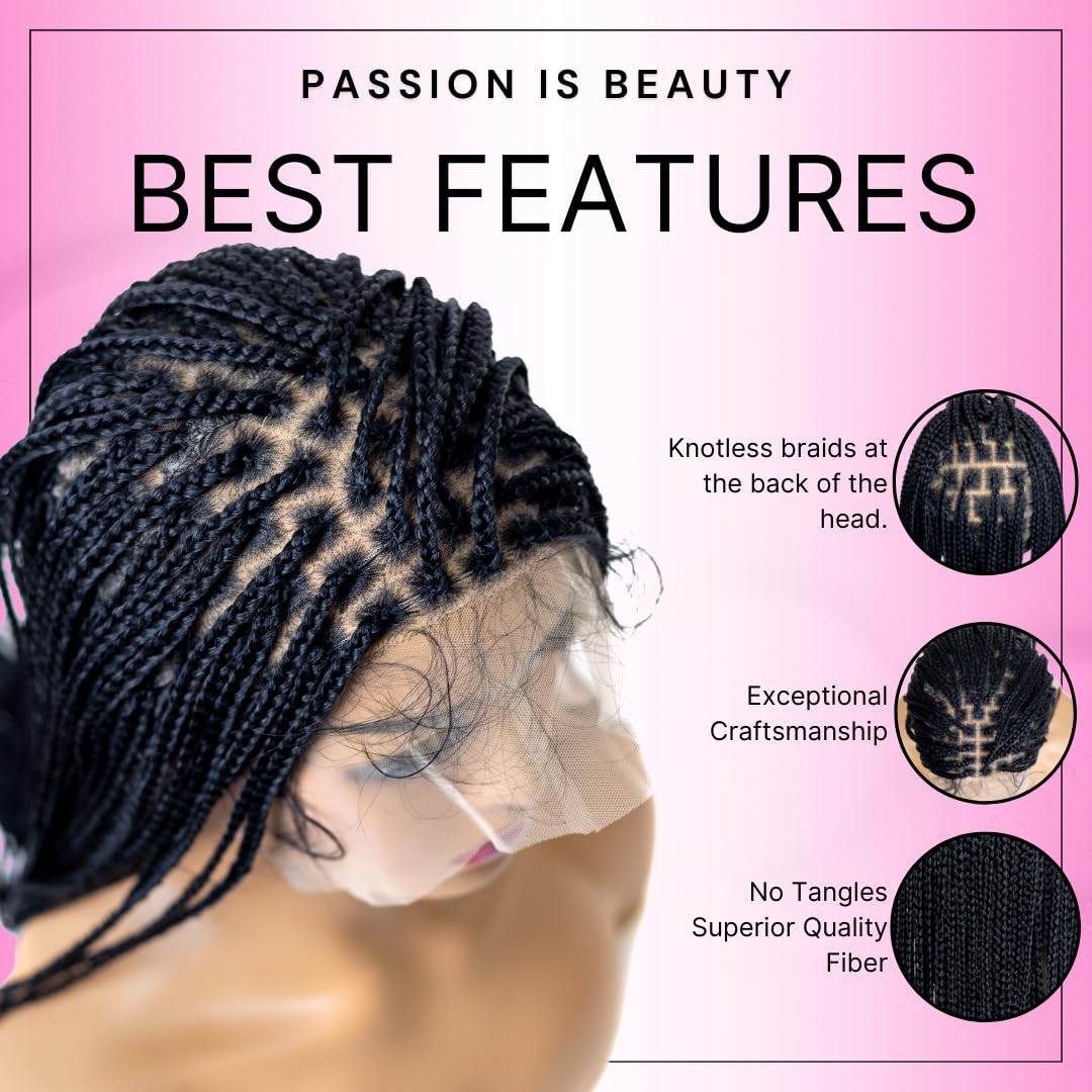 PIB Single Full Lace Knotless Box Braid Wig Square Parted Braided Wigs for Black Women Braid Wig with Natural Baby Hair (#1B Off Black, 32")