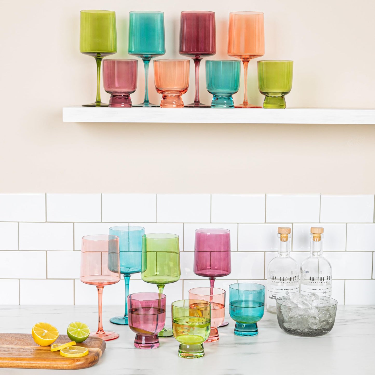 Creative Co-Op Hand Blown Stemmed Wine Glasses, 14 Ounces, 4 Assorted Colors Glassware, Multi