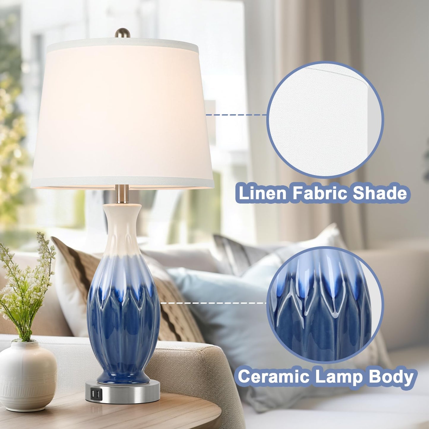 28” Tall Table Lamps Set of 2, Ceramic Navy Blue Bedside Lamps with USB Ports, Coastal Lamp with White Fabric Shade, Large Bedroom Table Lamps for End Table Living Room Nightstand