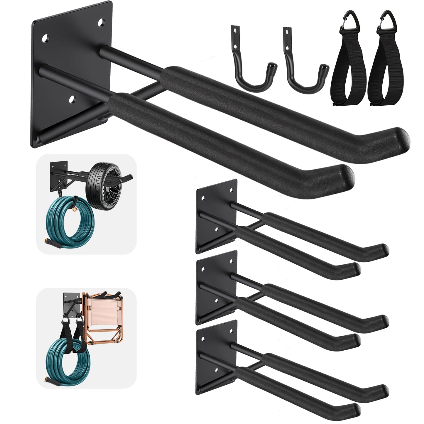 14" Garage Hooks Heavy Duty 8-Pack - Garage Storage System Hooks, Ladder Hooks for Garage Wall & Broom Holder Wall Mount | Non-Slip Tire Rack & Heavy Duty Wall Hooks for Hanging Ladders, Chairs.