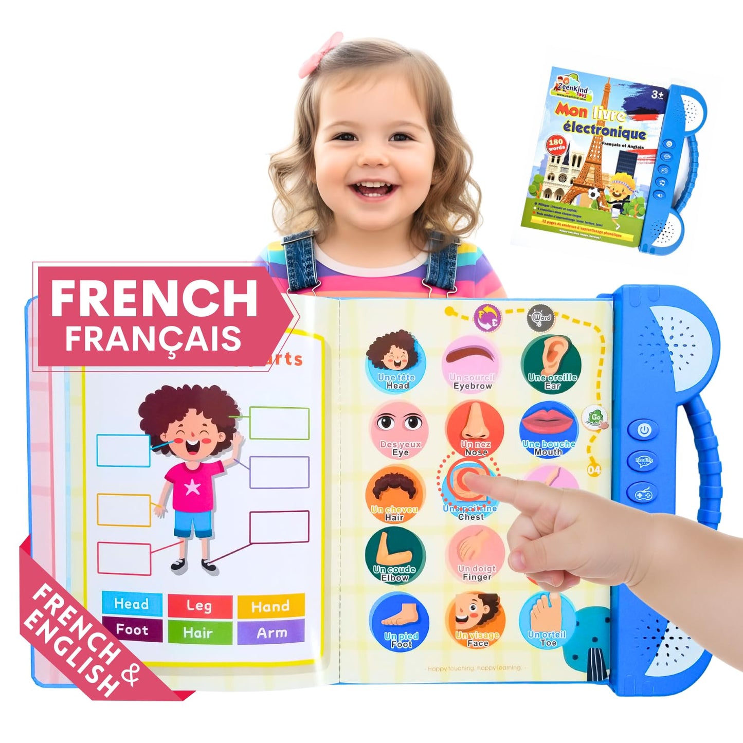 ZeenKind French English Talking Learning Book for Kids 2 3 4 5 6 Years Old, Learn French Interactive Audio Sound Books for Toddlers, Francais Educational Electronic Toys, Bilingual Musical Toy