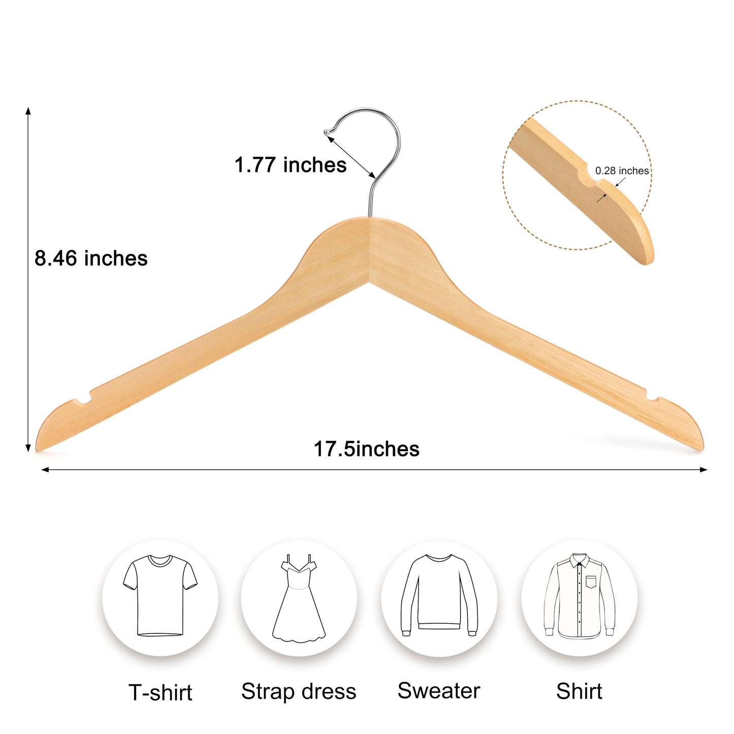 TOPIA HANGER Wooden Hangers 48 Pack, 0.28-inch Slim & Durable Clothes Hangers Space Saving, Natural Wood Hanger with 360°Swivel Hook and Non-Slip Shoulder Notches for Coat,Shirt,Camisole,DressCT51N48