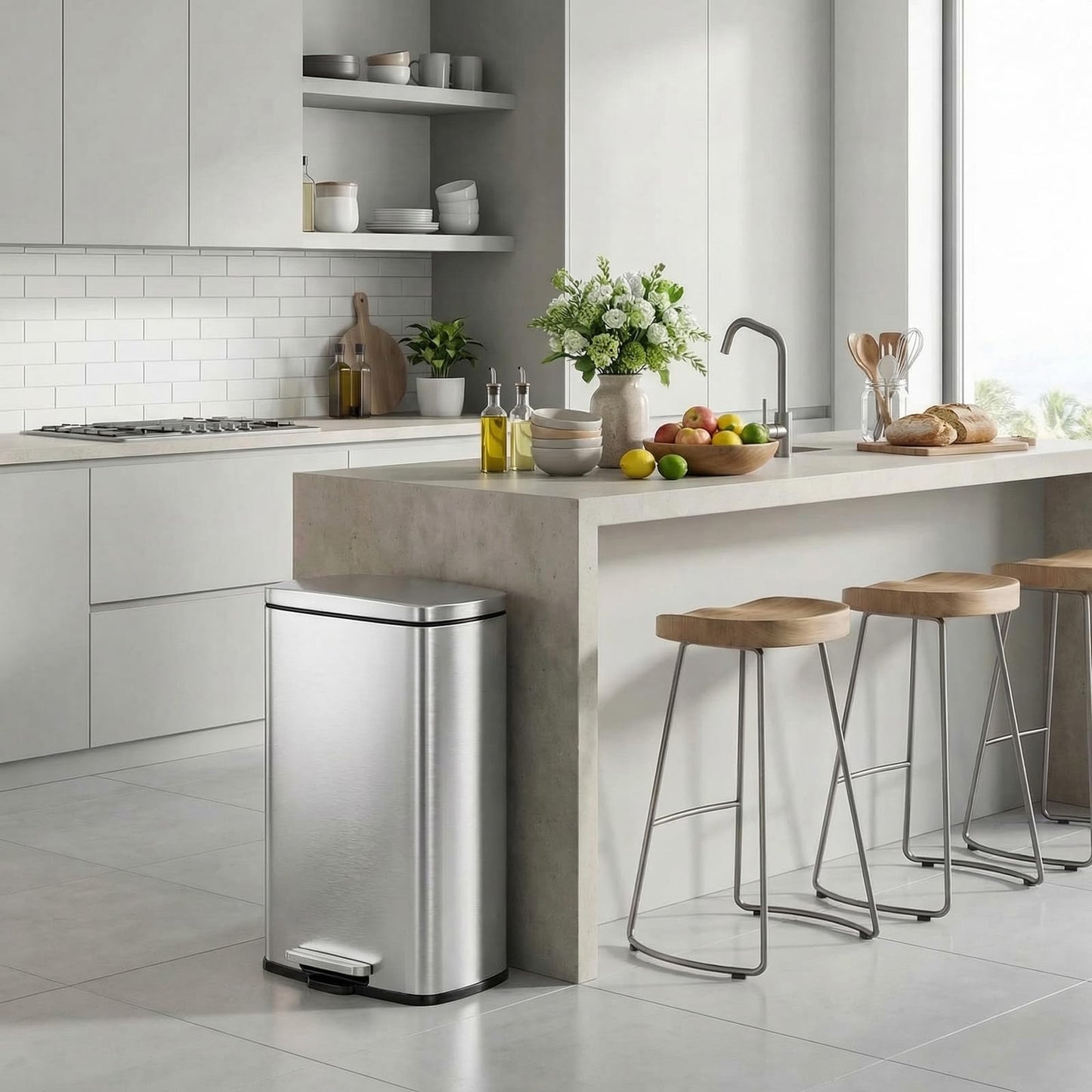 8 Gal Kitchen Trash Can, 30L Recycling or Garbage Bin, Brushed Stainless Steel Waste Basket, Soft&Quiet Close Dustbin, with Step-On Pedal, Removable Inner Bucket, for Home, Office, Living Room