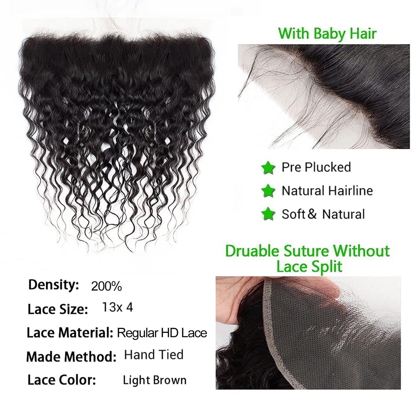 Lace Frontal Closure 13x4 Ear to Ear HD Transparent Lace Frontal Water Wave Brazilian Virgin Human Hair Extensions Frontal Bleached Knots Pre Plucked With Baby Hair Natural Color 18 Inch