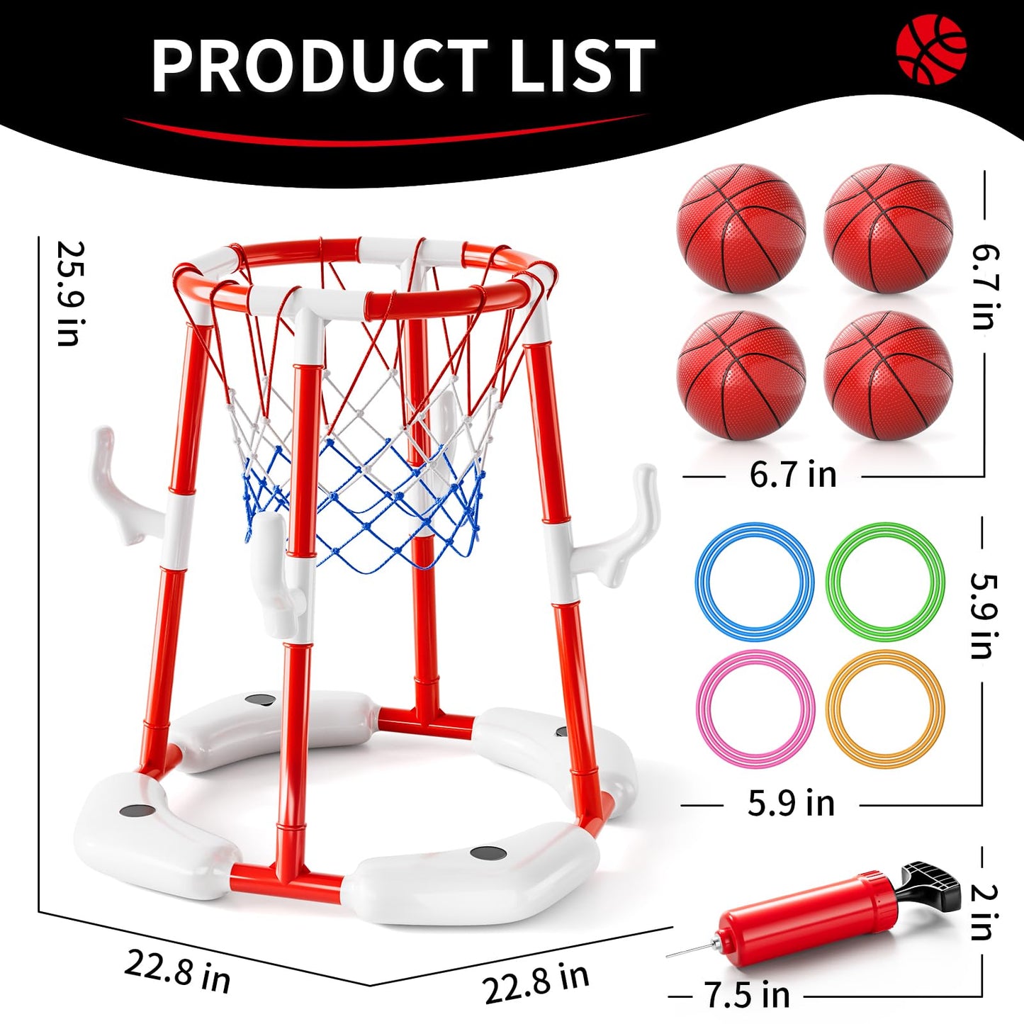Pool Basketball Hoop Toys for Kids Ages 4-8 8-12 Adult, Summer Outdoor Swimming Pool Games Water Play Toys Family Party for Teens, 2in1 Pool Basketball Hoop & Rings Game with 4 Balls 12 Rings and Pump