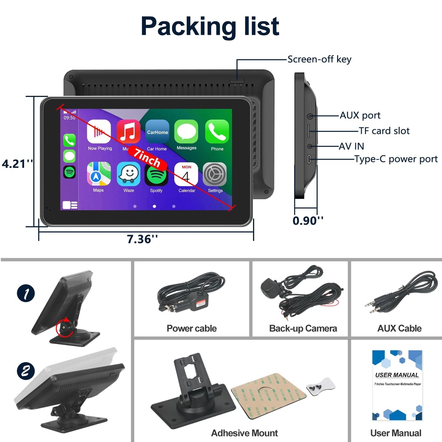Portable Wireless for Apple Carplay/Android Auto Screen for Car, 7 Inch HD Touchscreen Car Play with Backup Camera, Mirror Link, Bluetooth, FM Transmitter, Voice Control for All Vehicles