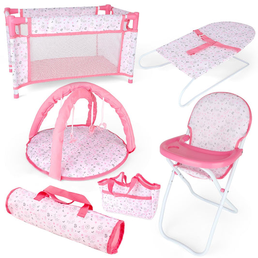 deAO Baby Doll Accessories Baby Doll Playset Doll High Chair Baby Doll Crib Bed Play Mat Storage Bag Handbag Wing - 6 in 1 Pink Dolls Playset with Furniture Toys for 12-14’’ Dolls