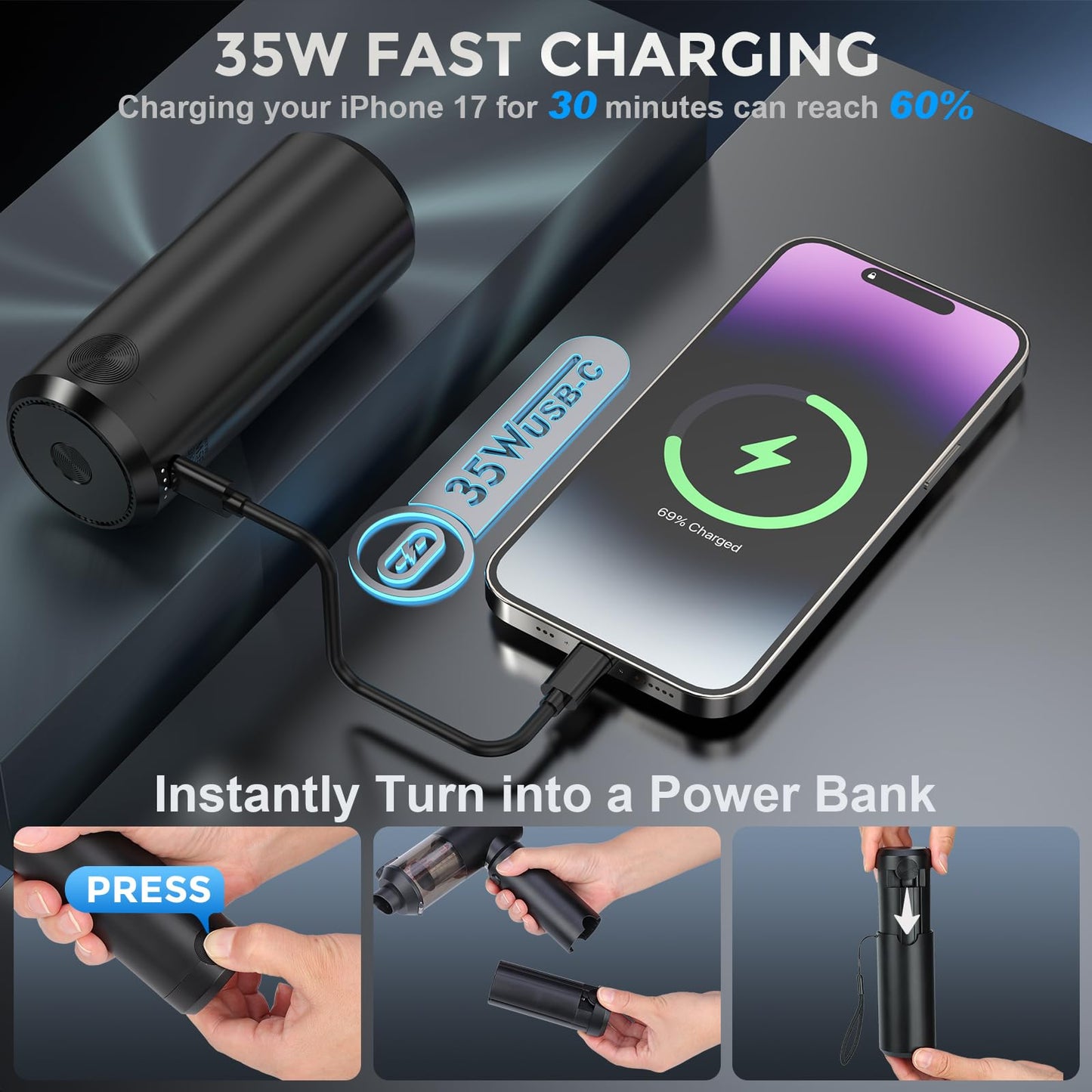 TURNRISE Cordless Handheld Vacuum with 6000mAh Power Bank & LED Light – 3-in-1 Car Vacuum, Air Blower & Phone Charger, 20,000Pa Strong Suction, 1lb Mini Vacuum for Car, Home, Pet Hair & Travel