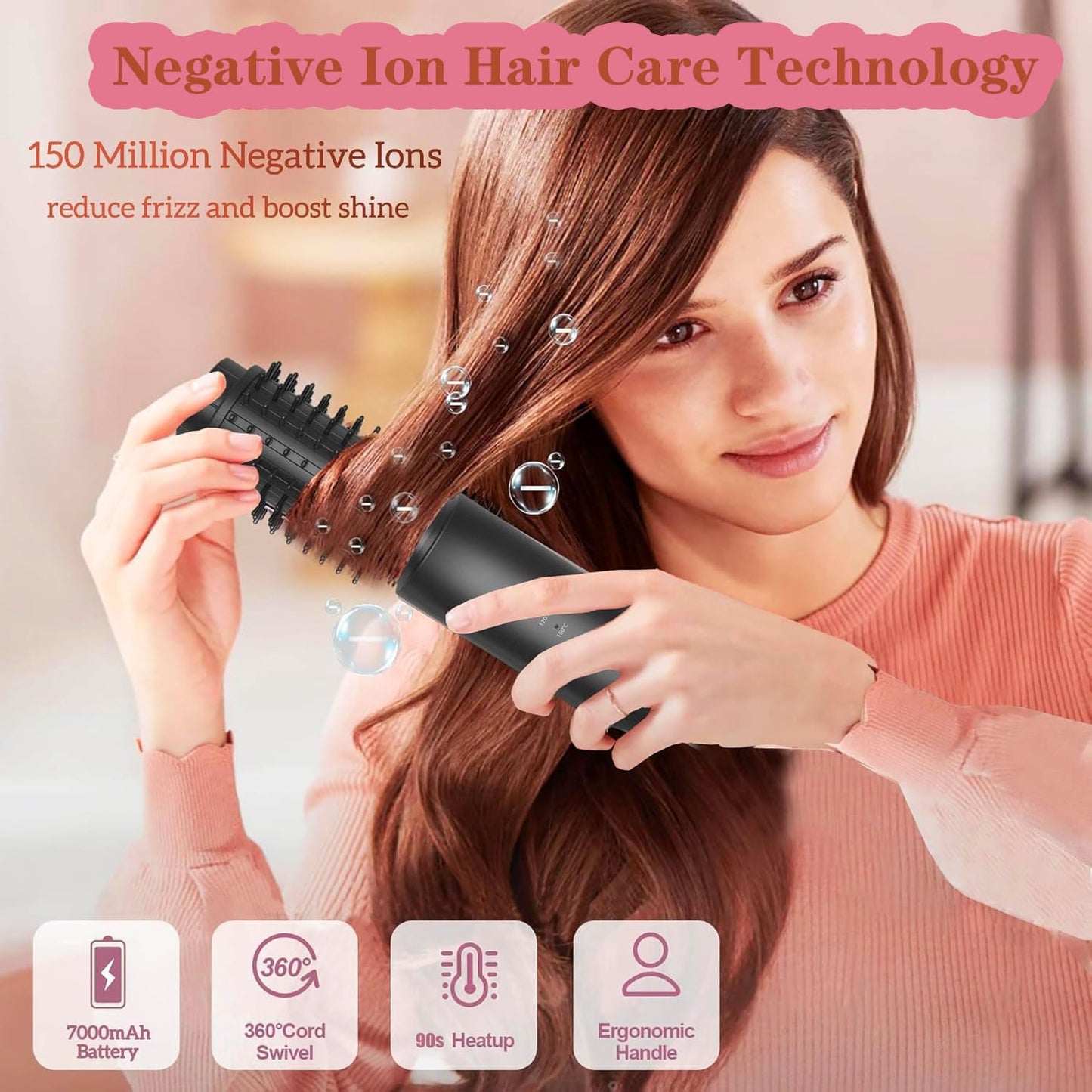 3-in-1 Cordless Curling Brush Iron & Heated Round Brush & Hair Straightener Comb, Portable Rechargeable Travel Hair Curler for Women