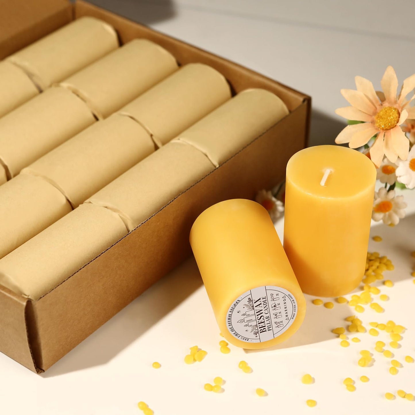 12 Pack Beeswax Candles,384 Hours Total Burn Time-2x3in,100% Pure Beeswax Pillar Candles,Unscented Bees Wax Candles for Home,Prayer,Emergency,Dripless Smokeless Pillar Candles Bluk