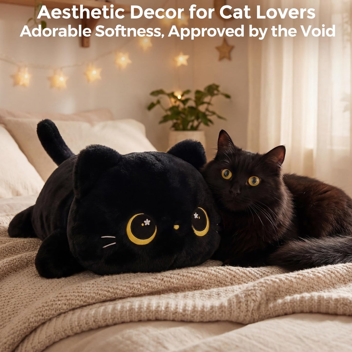 Cute Black Cat Plush Pillow, Kawaii Plushies Black Cat Stuffed Animals, Squishy Plushies, Cuddle Plush Pillow for Kids & Girls (20 Inch)