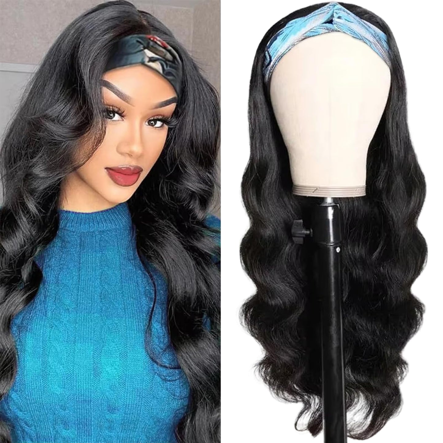 Headband Wig Human Hair Body Wave Headband Wig None Lace Front Wigs Glueless Human Hair Wigs Headband Half Wigs for Black Women Brazilian Virgin Human Hair Headband Wigs 16 Inch Natural Color