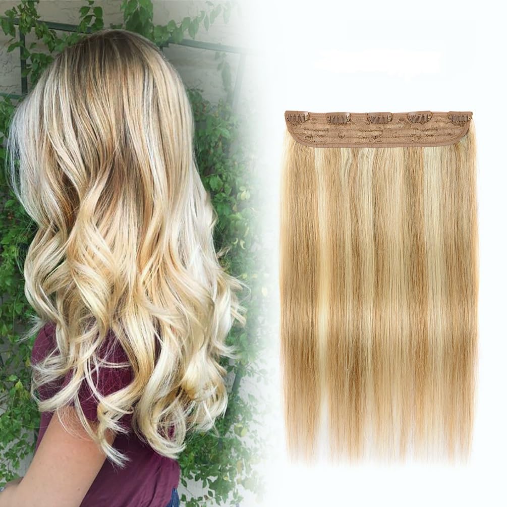 Winsky Hair Extensions Real Human Hair Clip in - One Piece Brown Highlights Blonde Remy Hair Pieces 90gram for Women (20inch, #18/613)