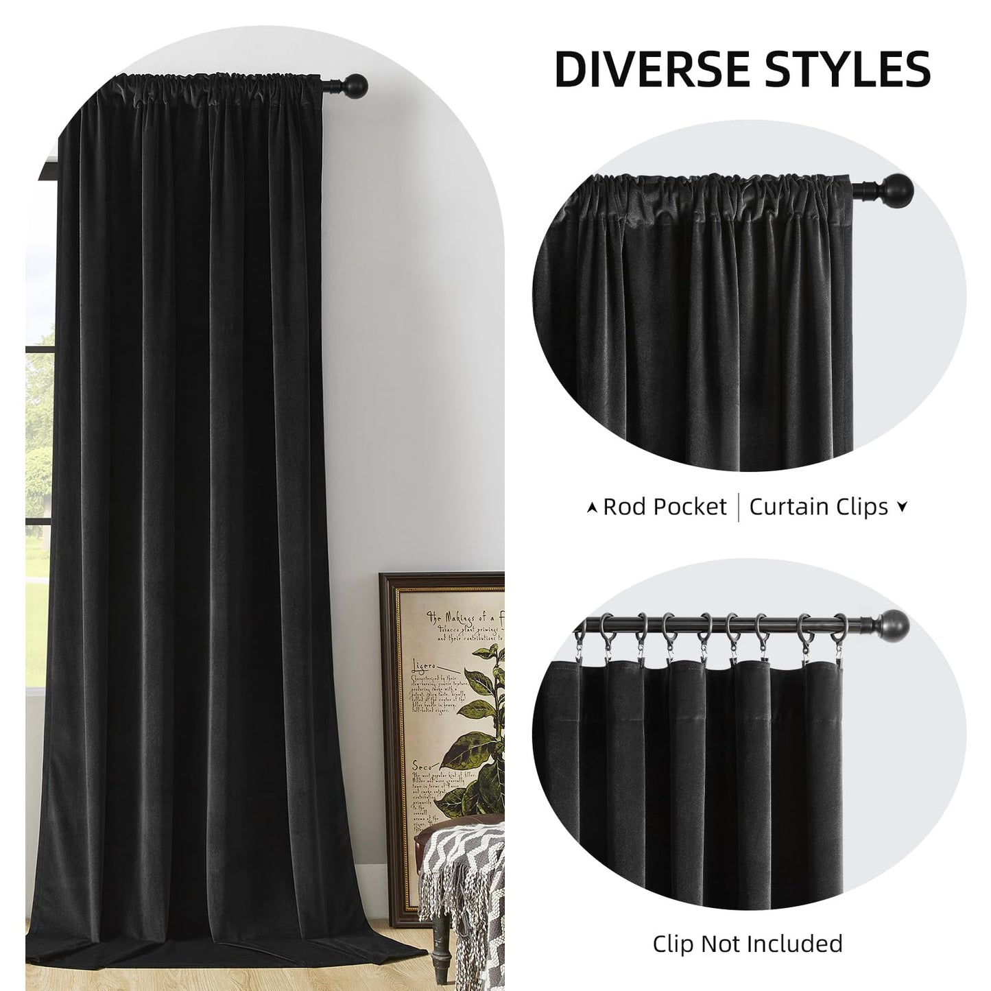 Joydeco Black Velvet Curtains 96 inch Length 2 Panels, Luxury Blackout Rod Pocket Thermal Insulated Window Curtains, Super Soft Room Darkening Drapes for Living Dining Room Bedroom,W52 x L96 inches