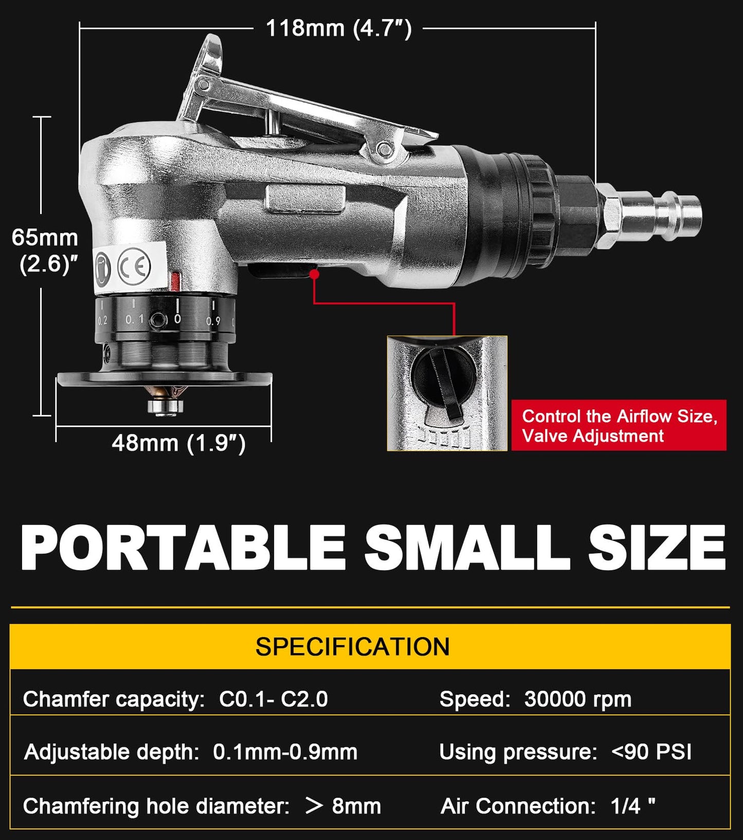 SI FANG Air Chamfer Tool for Metal Deburring Chamfering, Portable Handheld Pneumatic Mini Beveler, C0.1-2 Angle Quick Beveling & Trimming, with Replace Carbide Blades Inserts and Bearings